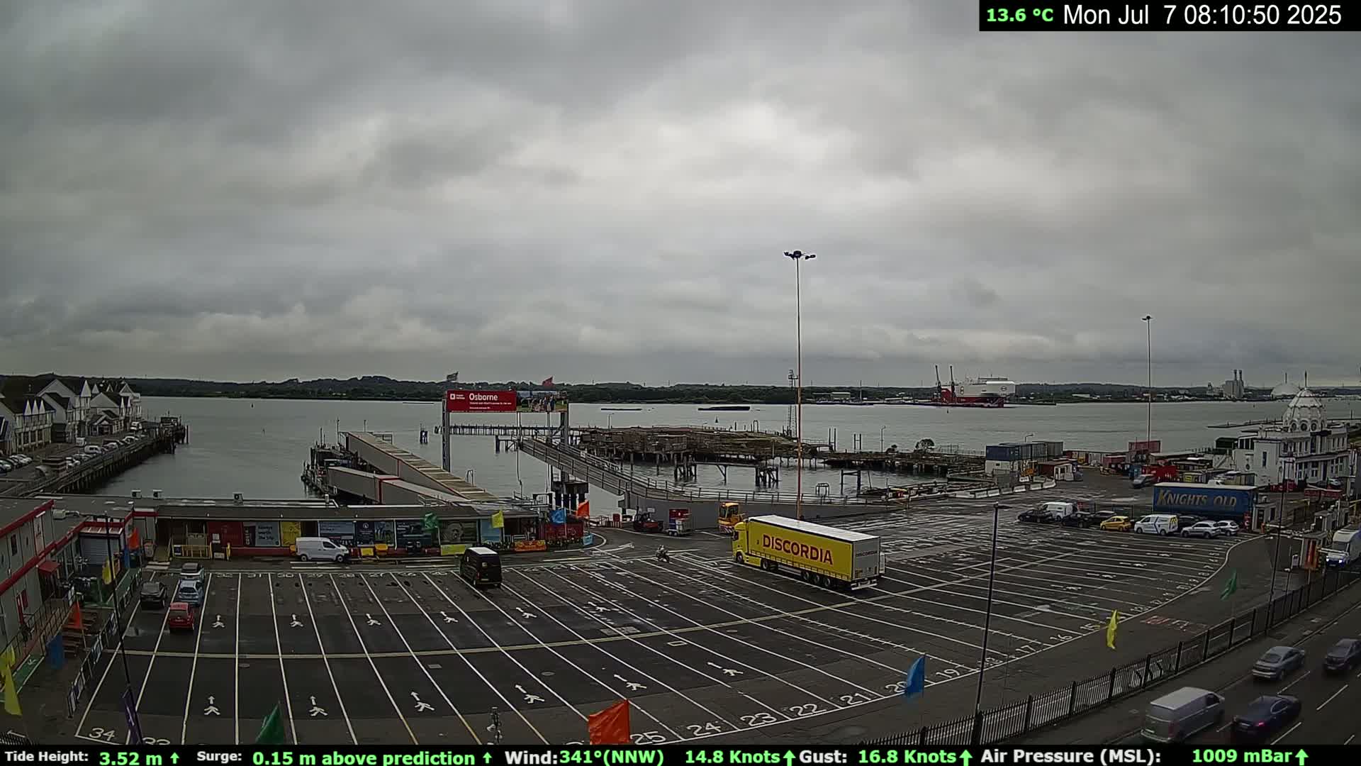 A mostly cloudy day shows a harbor with a ferry terminal, several vehicles in a parking lot, and a large body of water with a few ships in the distance.