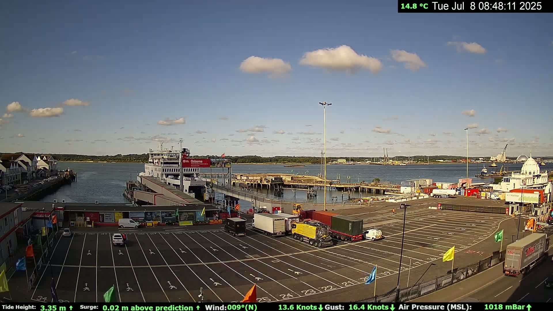 A ferry is docked at a terminal in a harbor on a partly cloudy day with a temperature of 14.8°C.