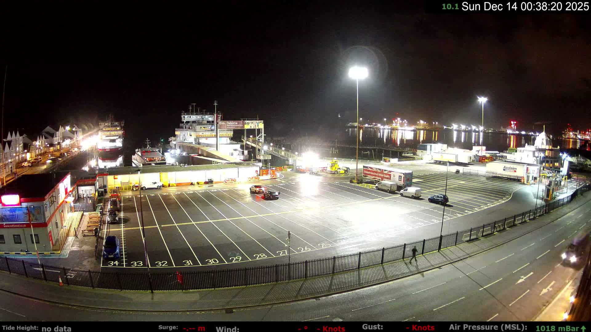 A cool and wet 5.8 °C early morning at a busy ferry terminal and port, where various vehicles, terminal buildings, and people are visible alongside multiple large ships on the water under a partly cloudy sky with soft, warm light.