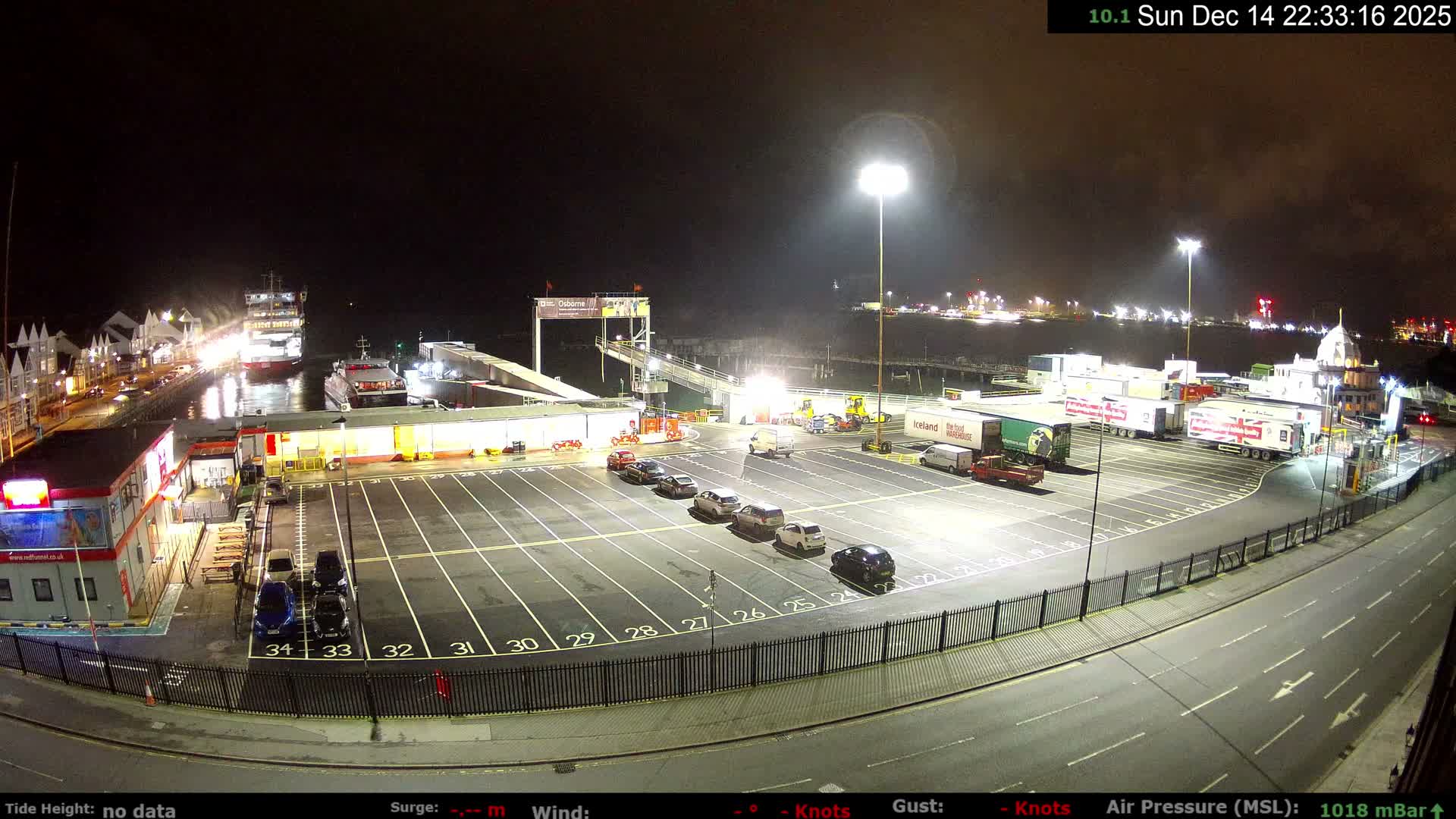 A cool and wet 5.8 °C early morning at a busy ferry terminal and port, where various vehicles, terminal buildings, and people are visible alongside multiple large ships on the water under a partly cloudy sky with soft, warm light.