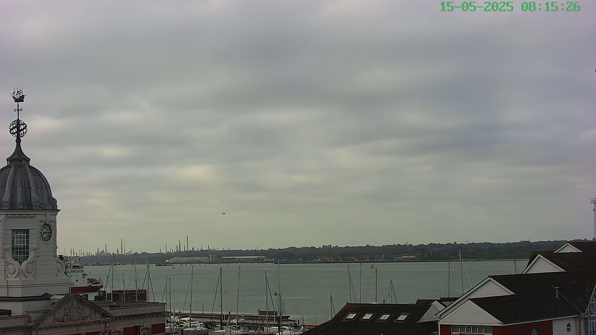 A harbor with numerous boats is viewed from atop a building with a dome and weathervane, under an overcast sky.