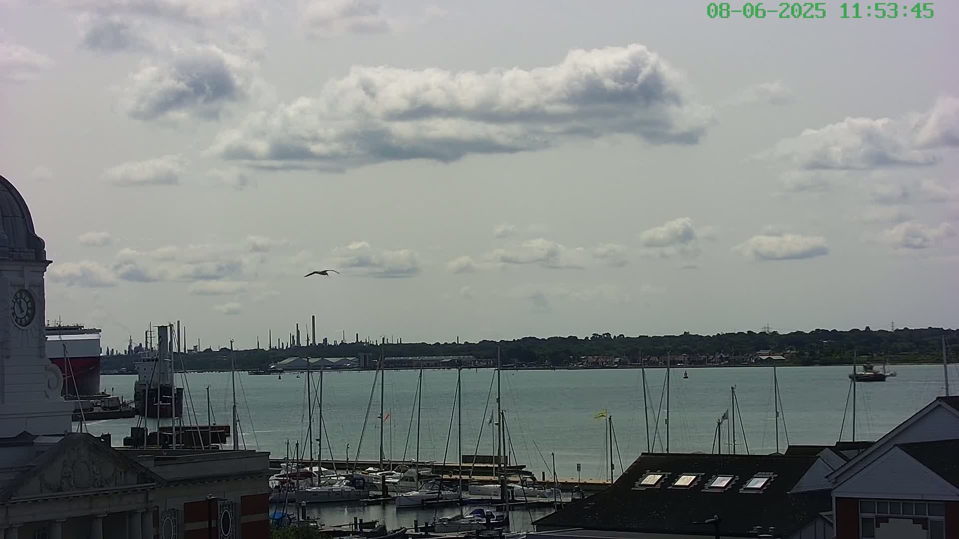 A partly cloudy day overlooks a harbor filled with sailboats, a distant industrial skyline, and a bird in flight.