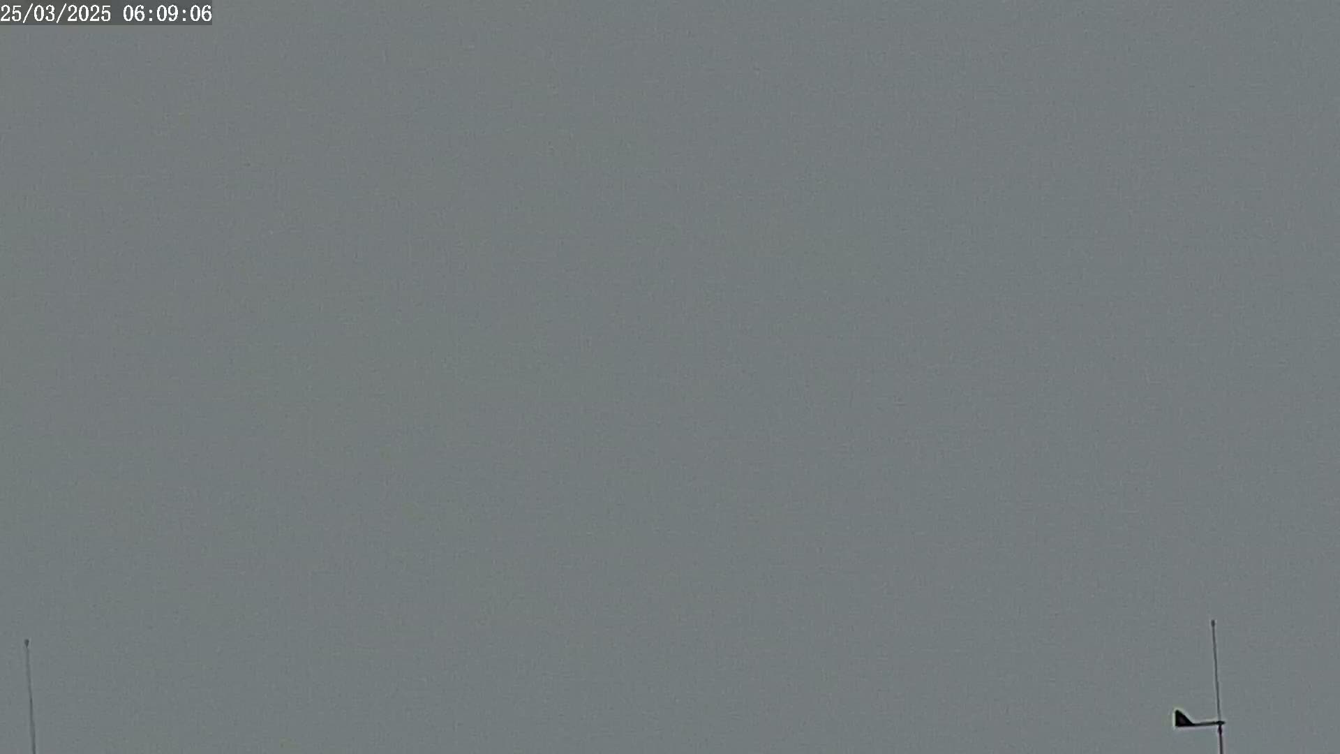 A mostly overcast, gray sky is visible with a weather vane in the lower right corner.