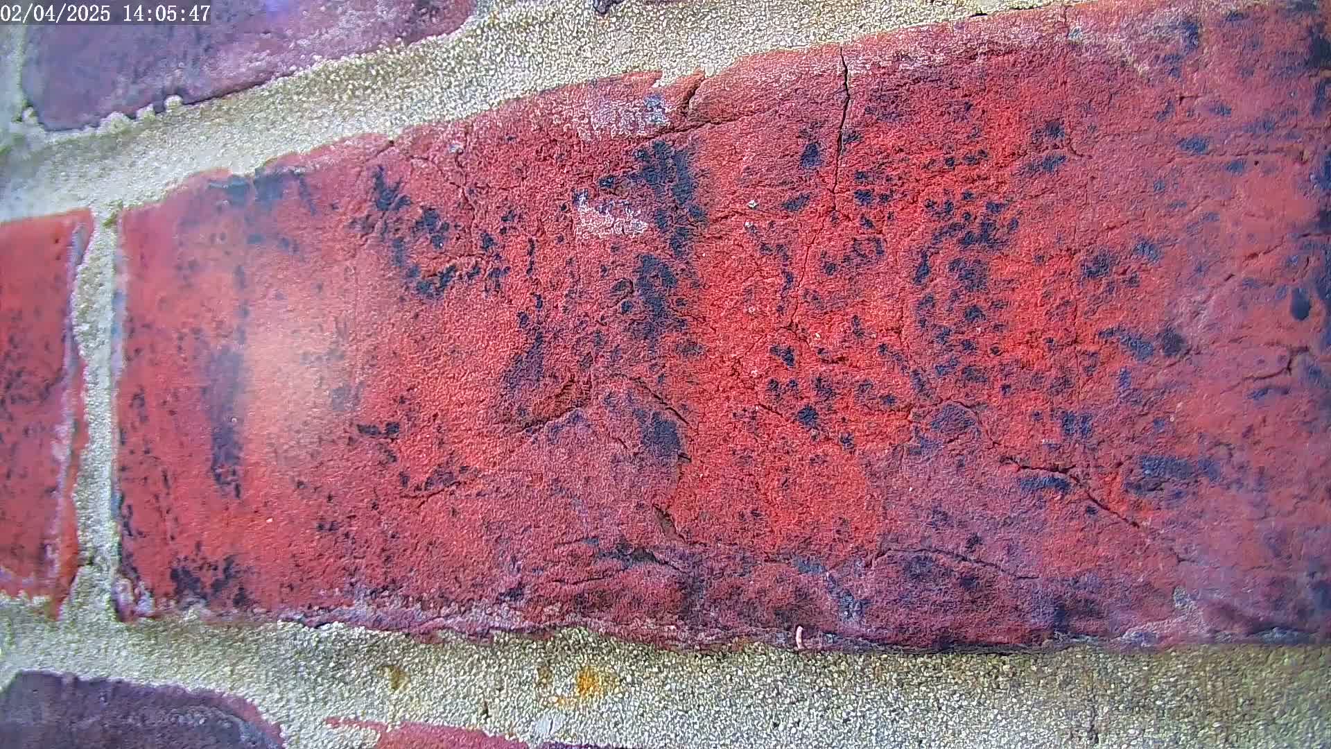 A close-up view shows a weathered red brick with cracks and dark discoloration.
