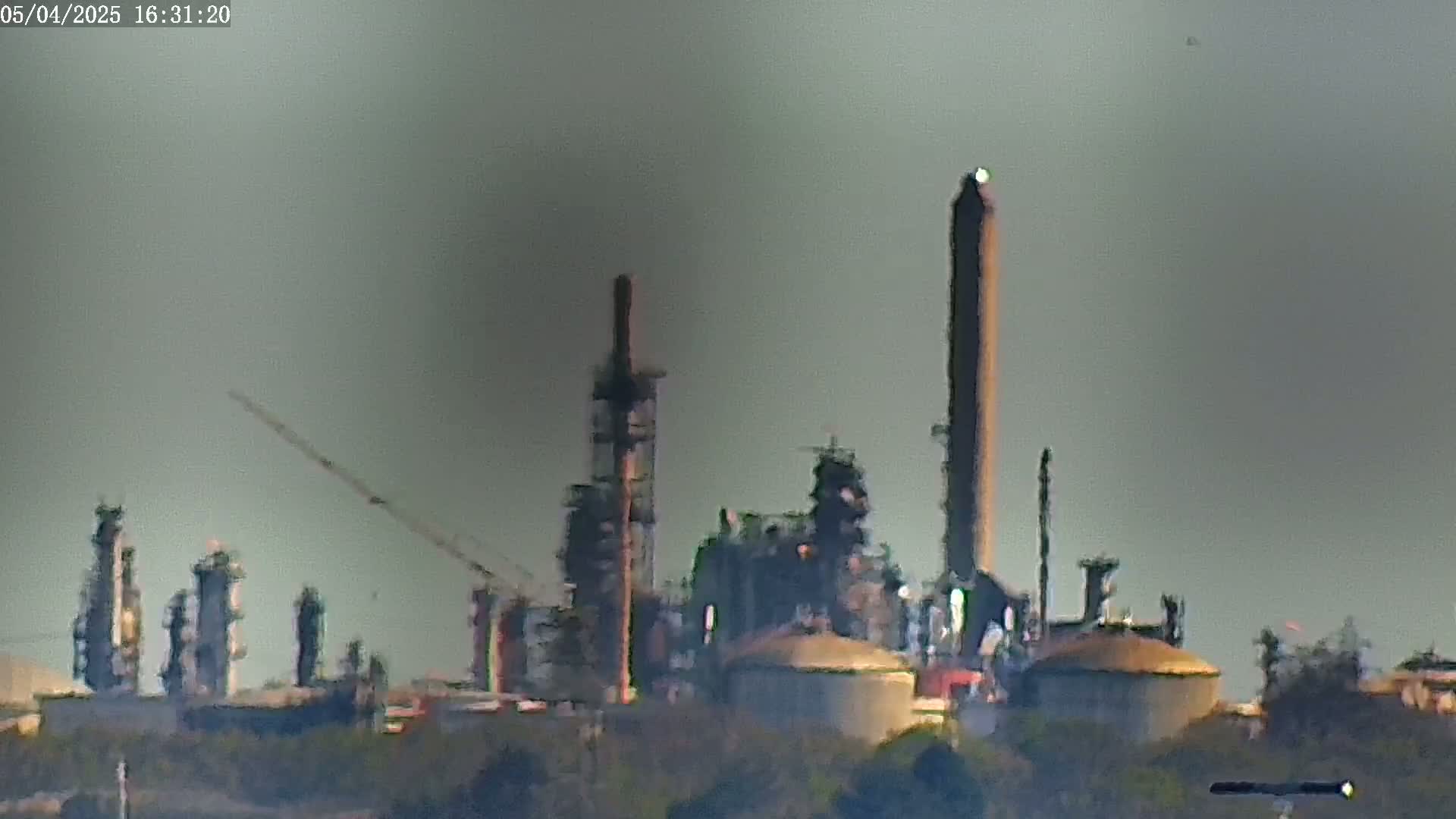 A hazy view of an industrial plant with tall structures and storage tanks, partially obscured by vegetation in the foreground.