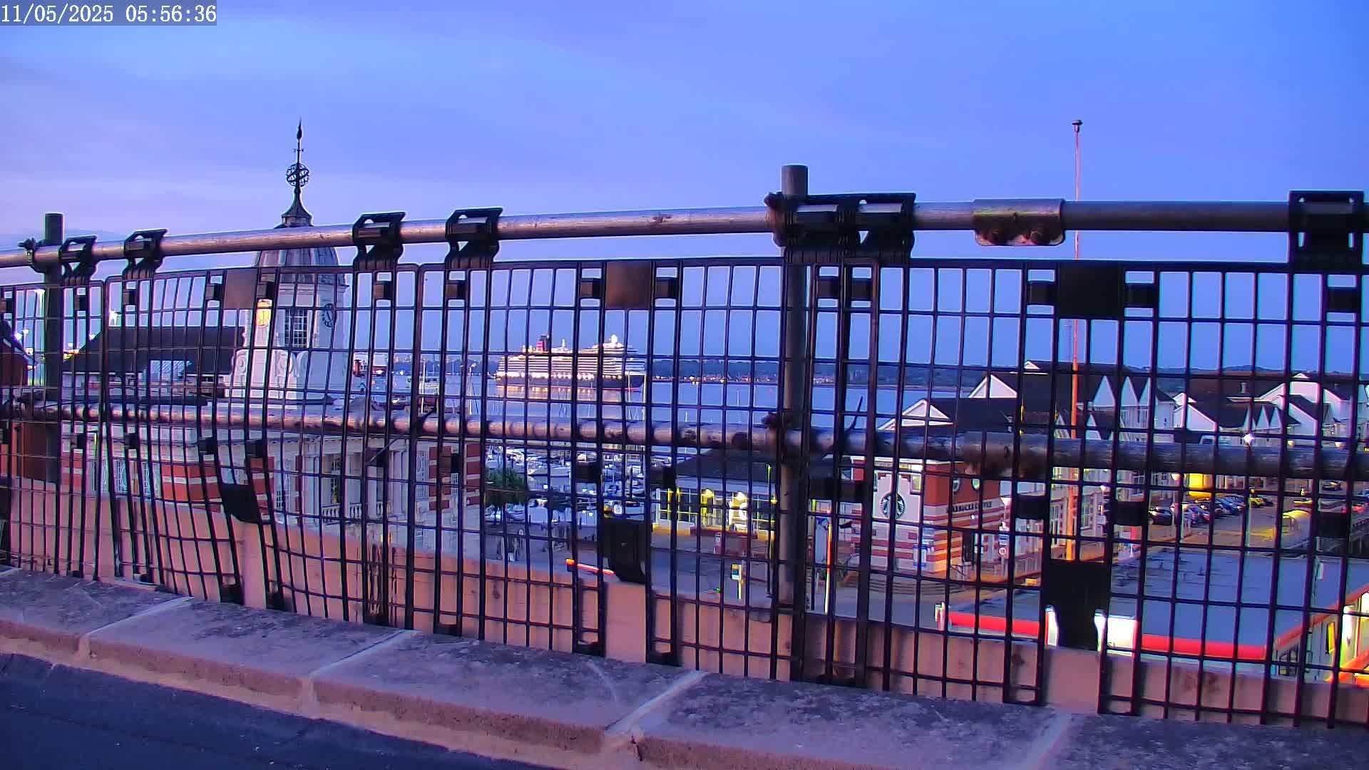 A large cruise ship is visible in the distance beyond a metal fence and a harbor at dusk.