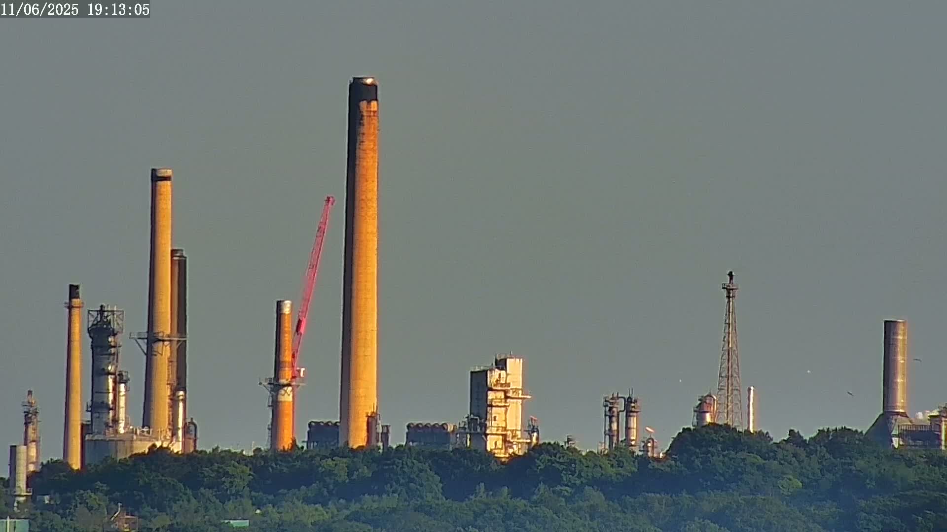 An industrial complex with numerous tall smokestacks and structures is partially obscured by a line of green trees under a clear, light-grey sky.