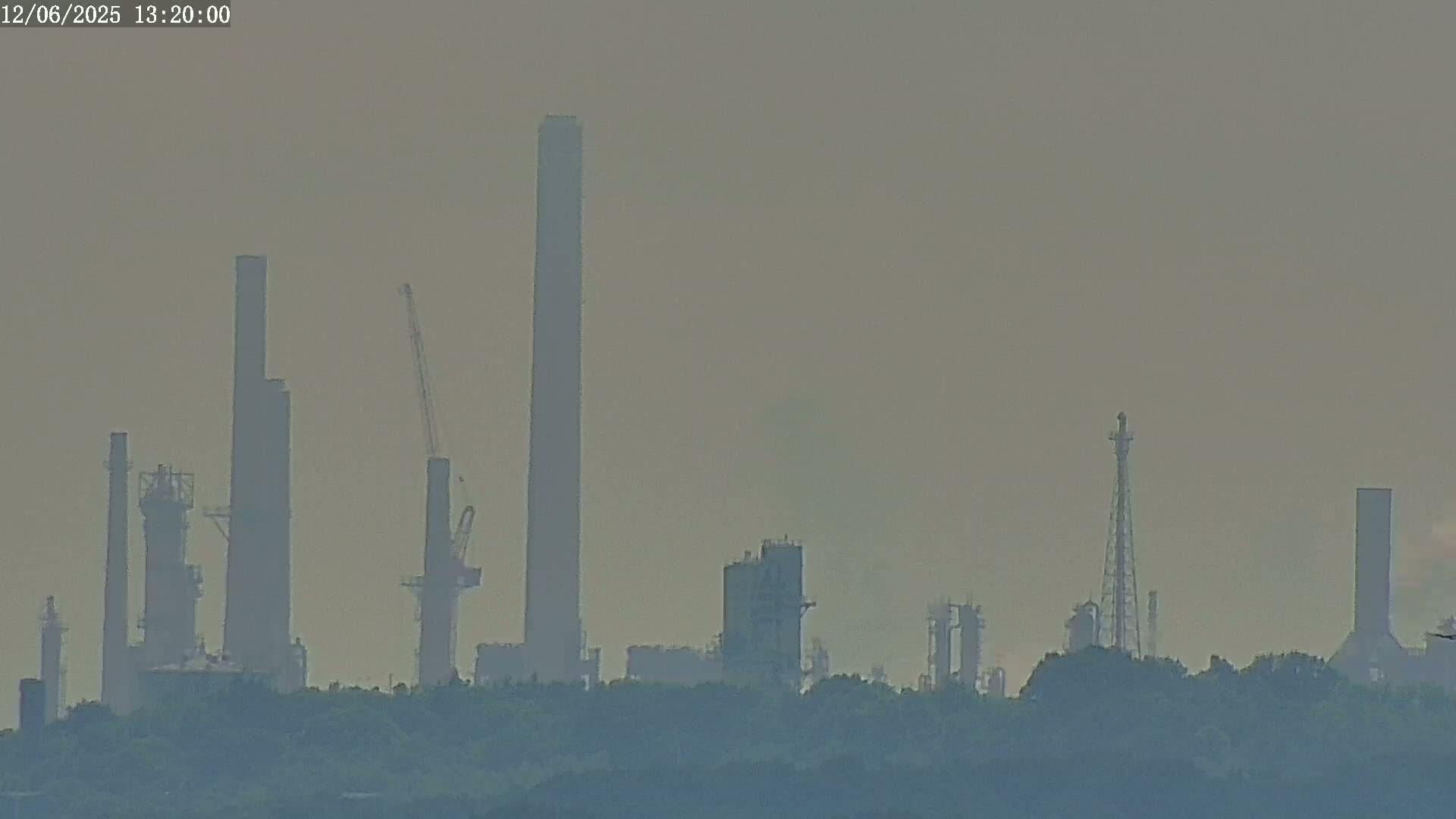 A hazy view of an industrial complex with tall structures, including several smokestacks and a crane, rises above a line of trees.