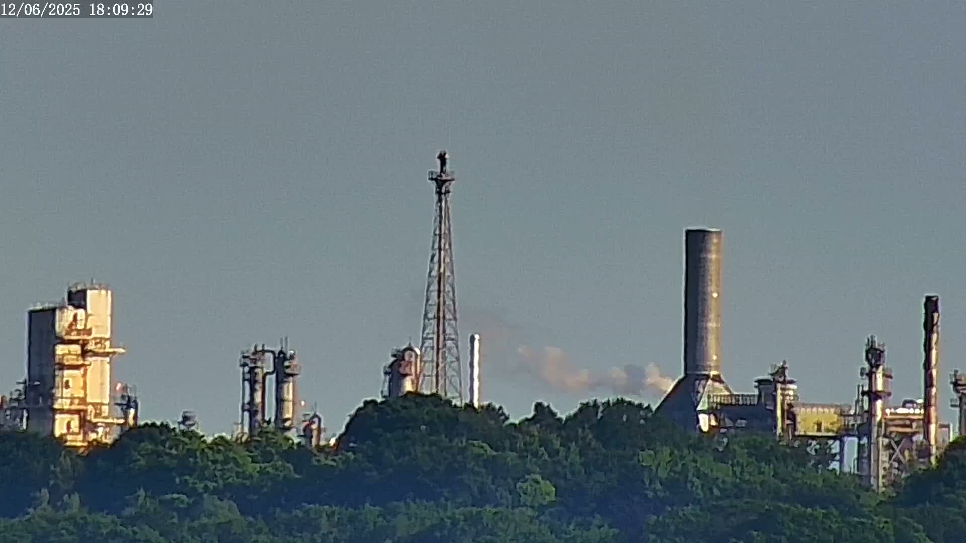 An industrial complex with tall towers and smokestacks is partially obscured by a line of green trees under a hazy sky.
