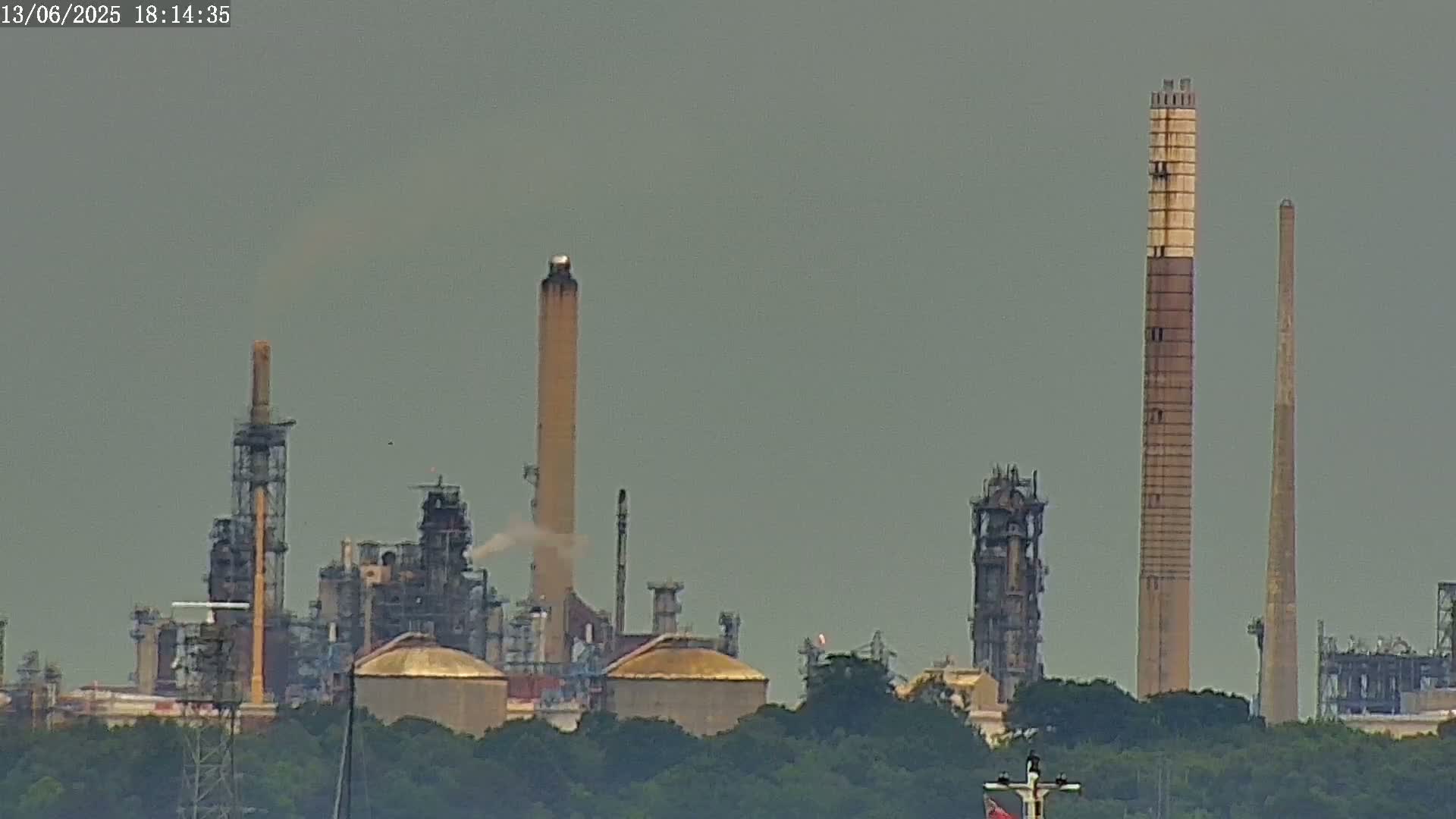 A distant industrial complex with several tall smokestacks and large storage tanks is visible behind a line of trees under an overcast sky.