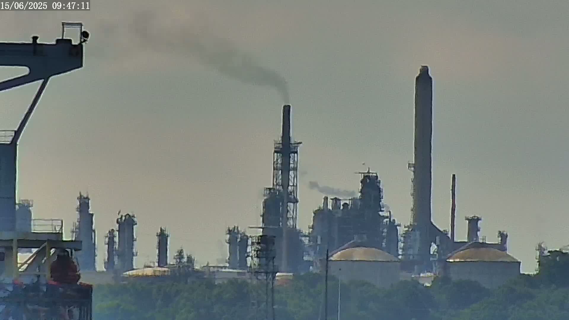 A hazy view of an industrial refinery complex with several tall smokestacks emitting smoke, partially obscured by trees in the foreground.