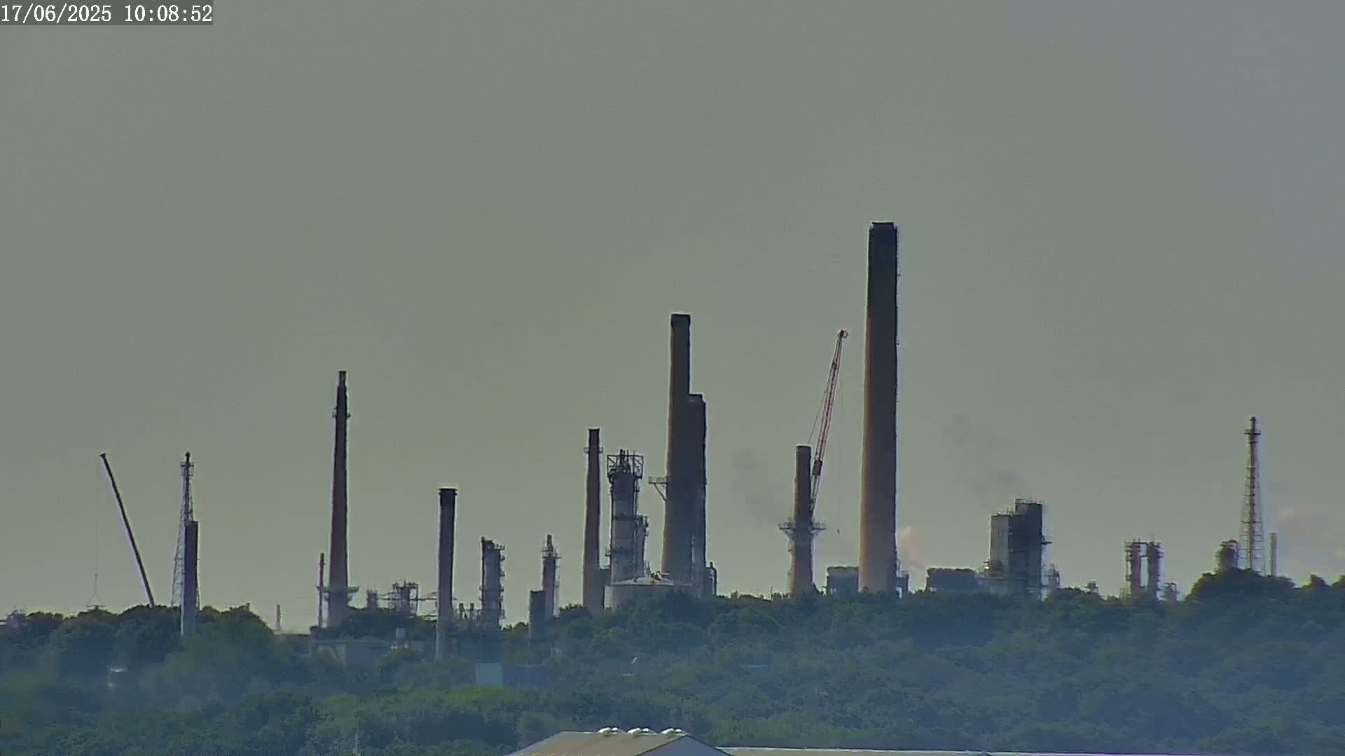 A hazy view shows an industrial plant with numerous tall smokestacks and structures behind a line of green trees.