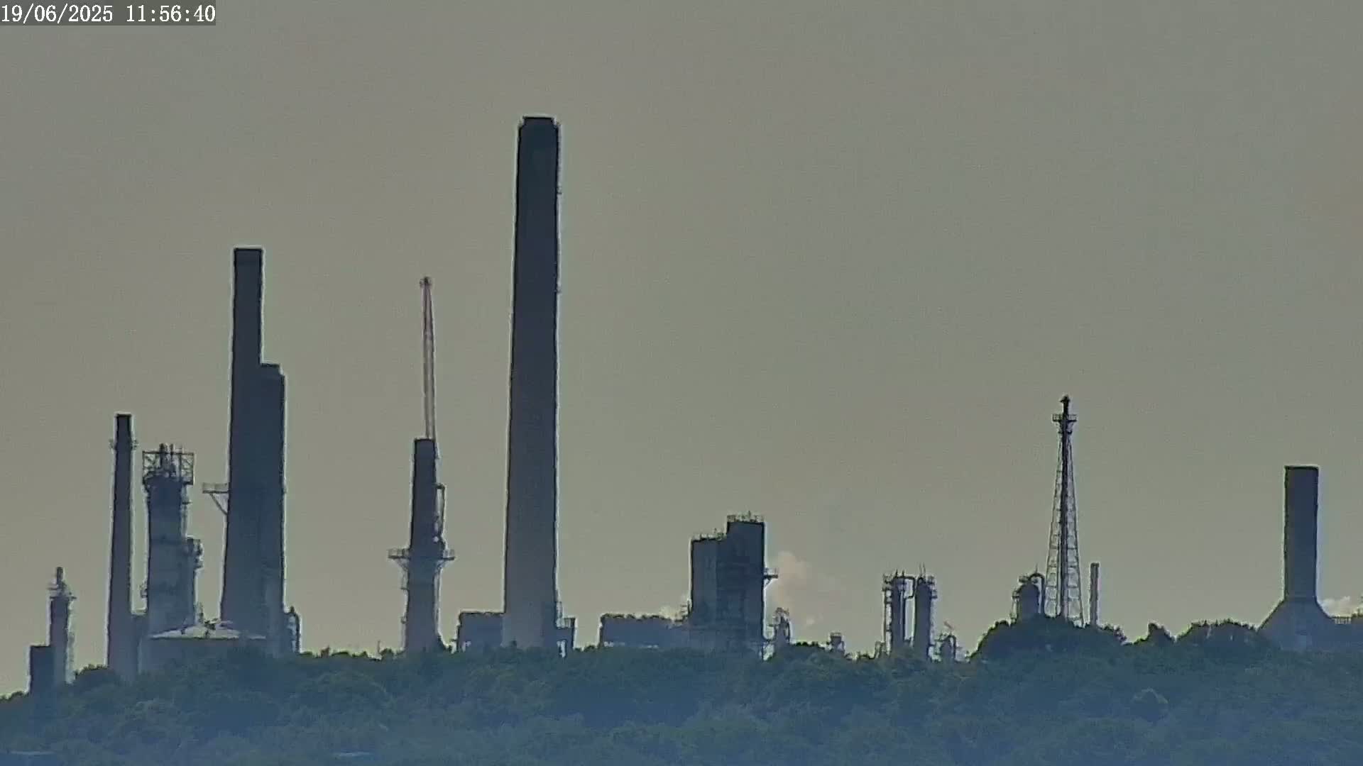 A hazy view shows the silhouettes of many industrial smokestacks and structures rising above a line of trees.
