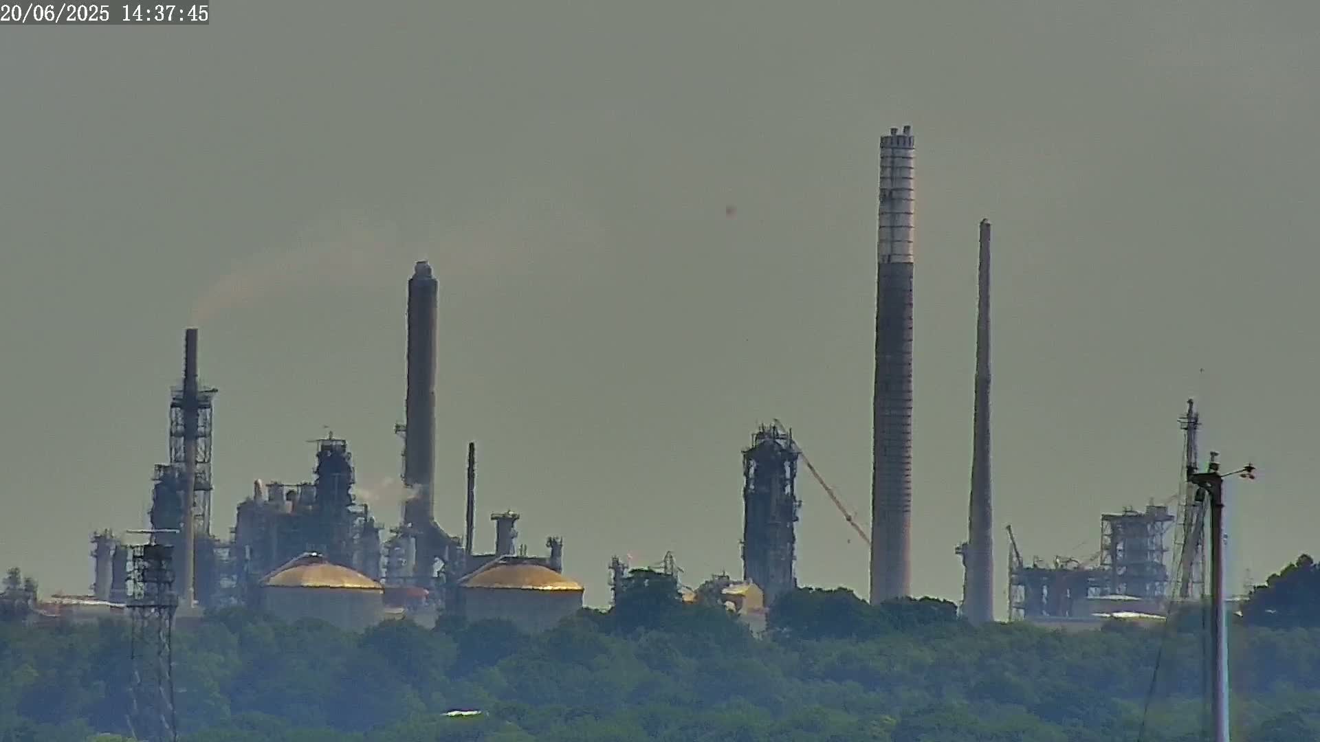 A hazy view of an industrial refinery with several tall smokestacks and large structures, partially obscured by trees in the foreground.