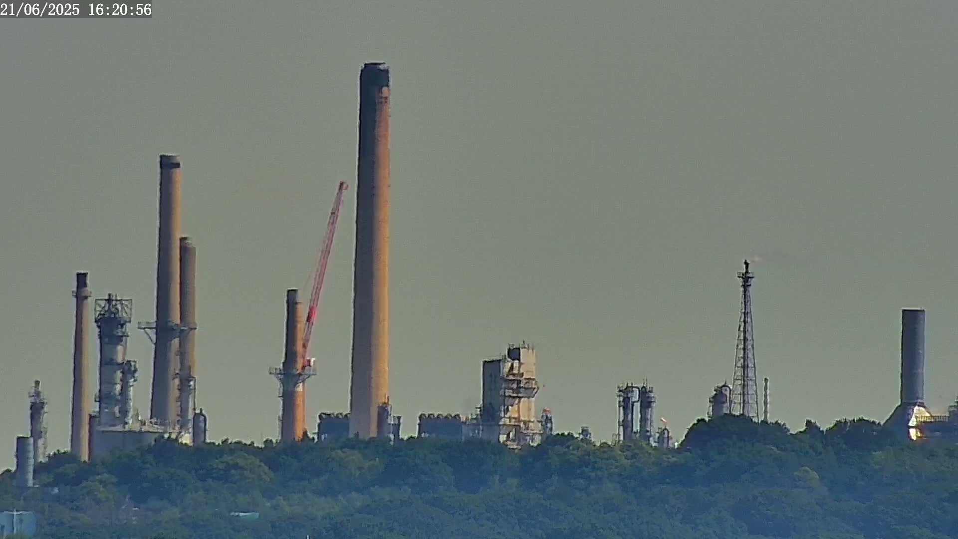 An industrial plant with numerous tall smokestacks and structures is visible behind a line of trees under hazy skies.