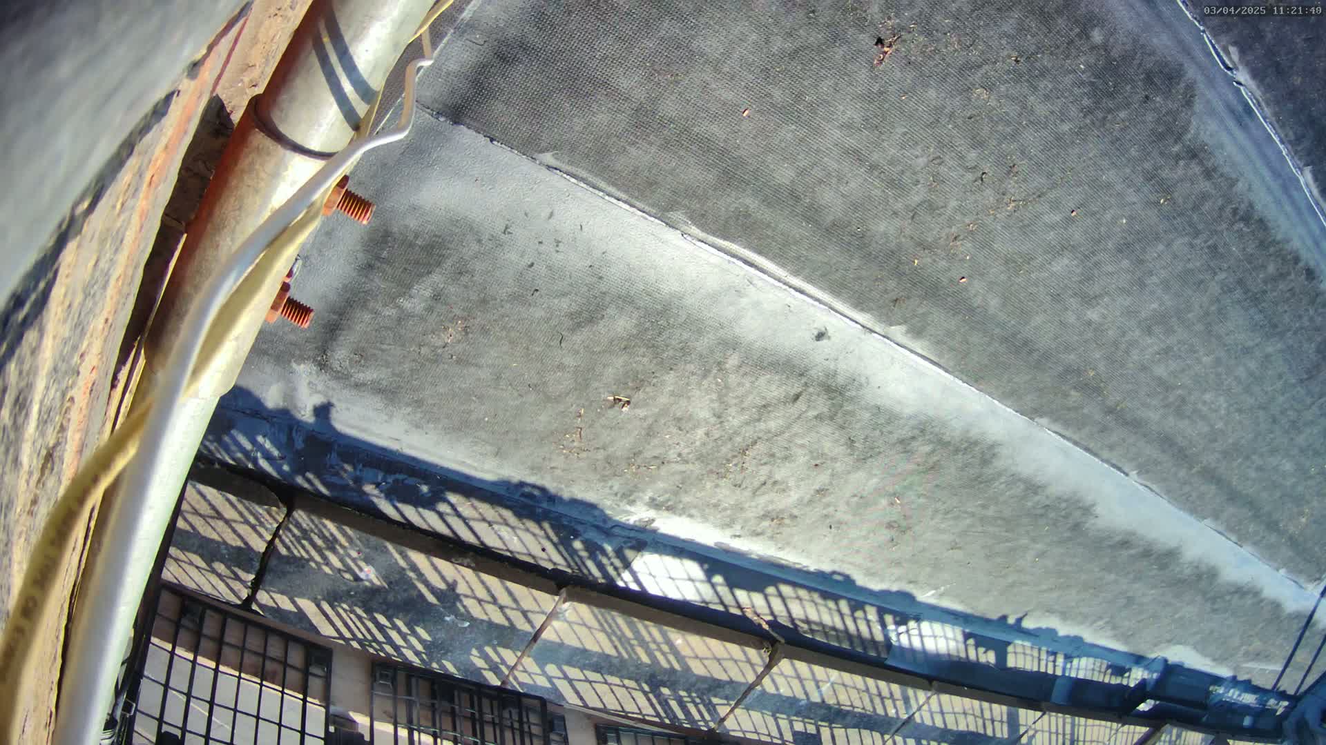 A high-angle view of a flat, gray rooftop on a sunny day, showing shadows cast by a nearby metal fence.