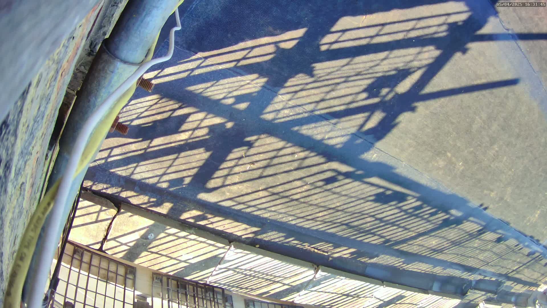 A high-angle view shows the shadows of a metal fence cast onto a paved surface below, on a sunny day.