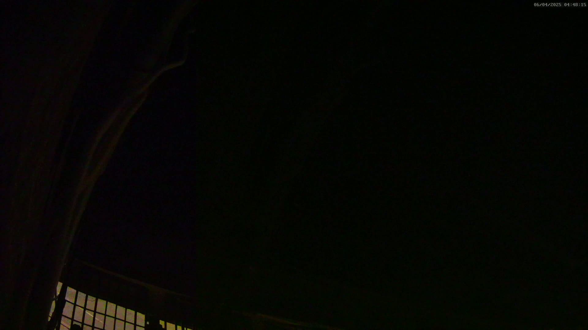A nighttime view from inside a dark vehicle shows a portion of a barred window with faint light visible beyond it, against a black sky.