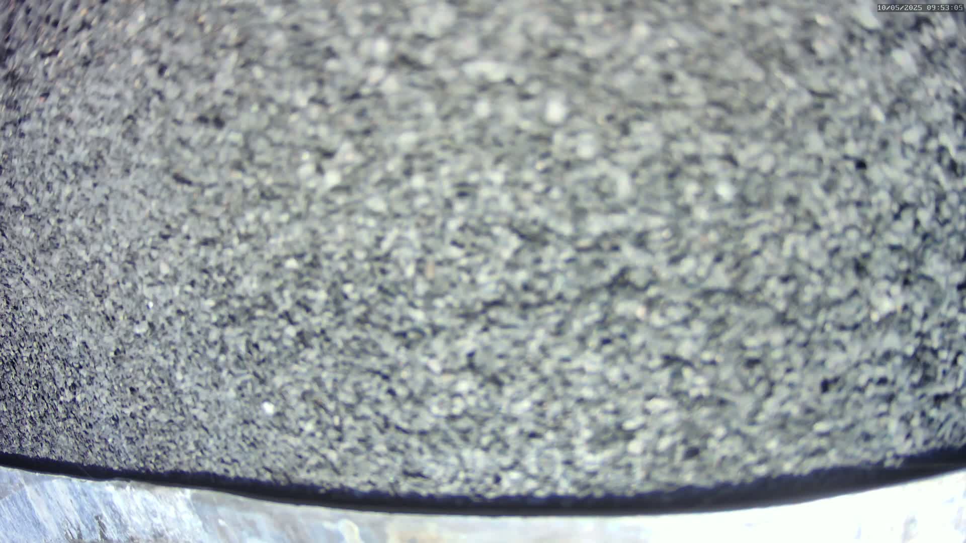 A close-up view shows a grainy, dark gray surface, possibly asphalt, at ground level.