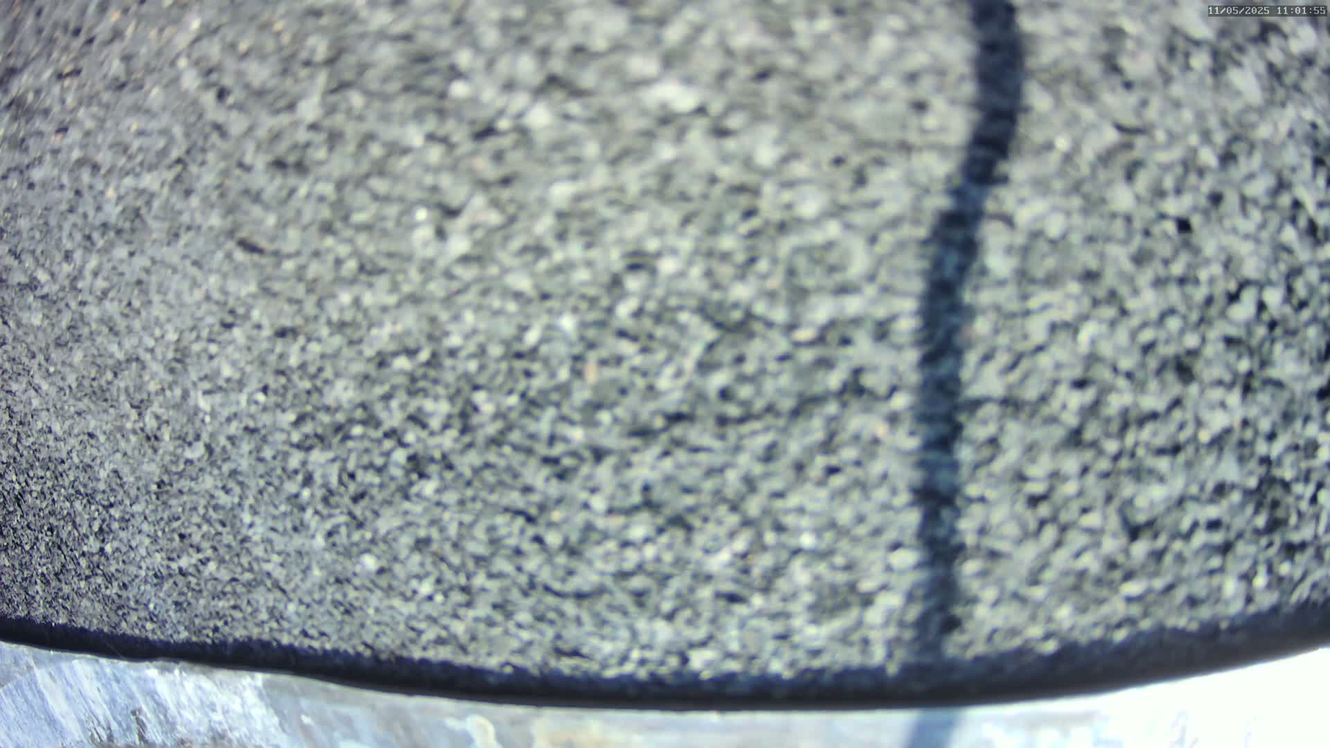 A blurry close-up shows a dark gray, pebbly surface with a shadow cast upon it in bright sunlight.