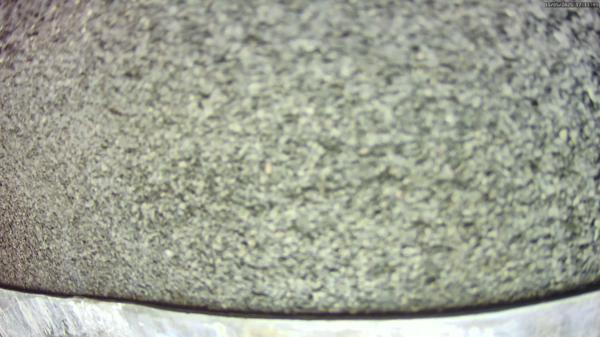 A close-up shows a blurry, coarse, dark gray textured surface, possibly asphalt, with a sliver of lighter gray at the bottom.