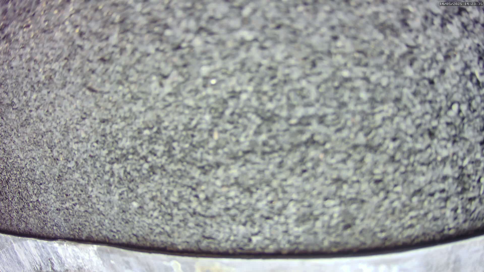 A blurry close-up shows a dark gray, coarse, textured surface.