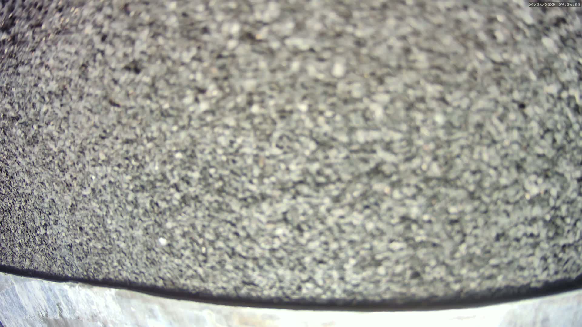 A close-up view shows a textured surface of dark gray, small stones or pebbles.