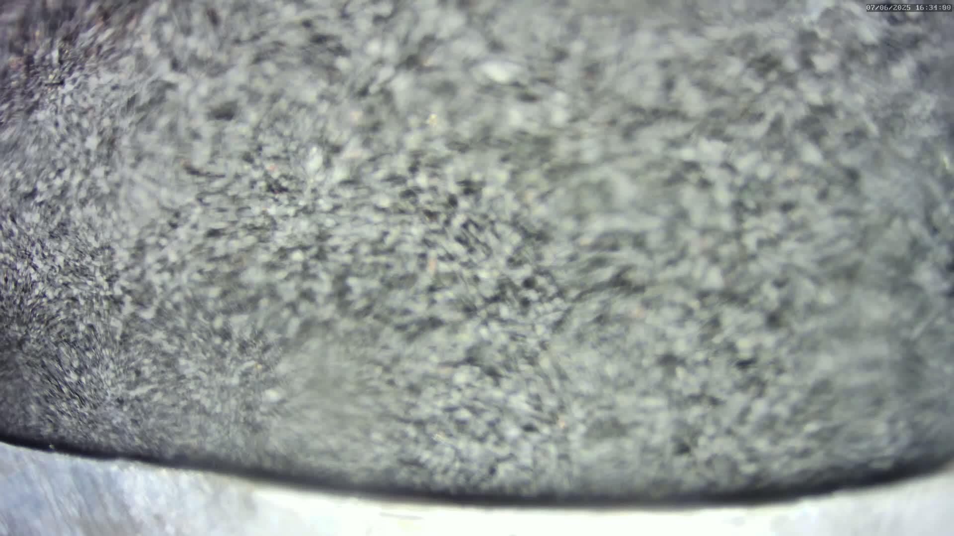 A close-up view shows a blurred, dark gray, granular substance.
