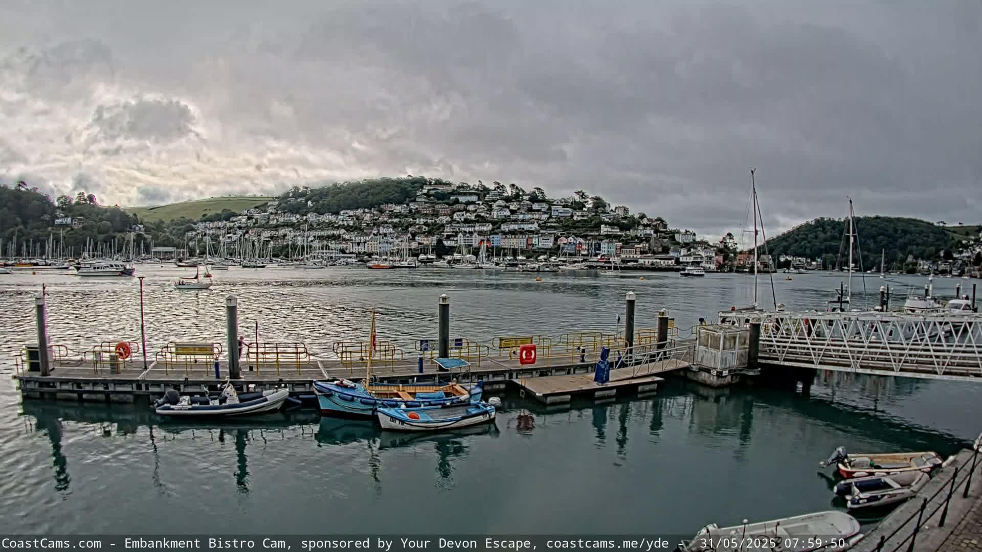 A harbor filled with moored boats and small fishing vessels under a cloudy sky, with a hilltop town visible in the background.