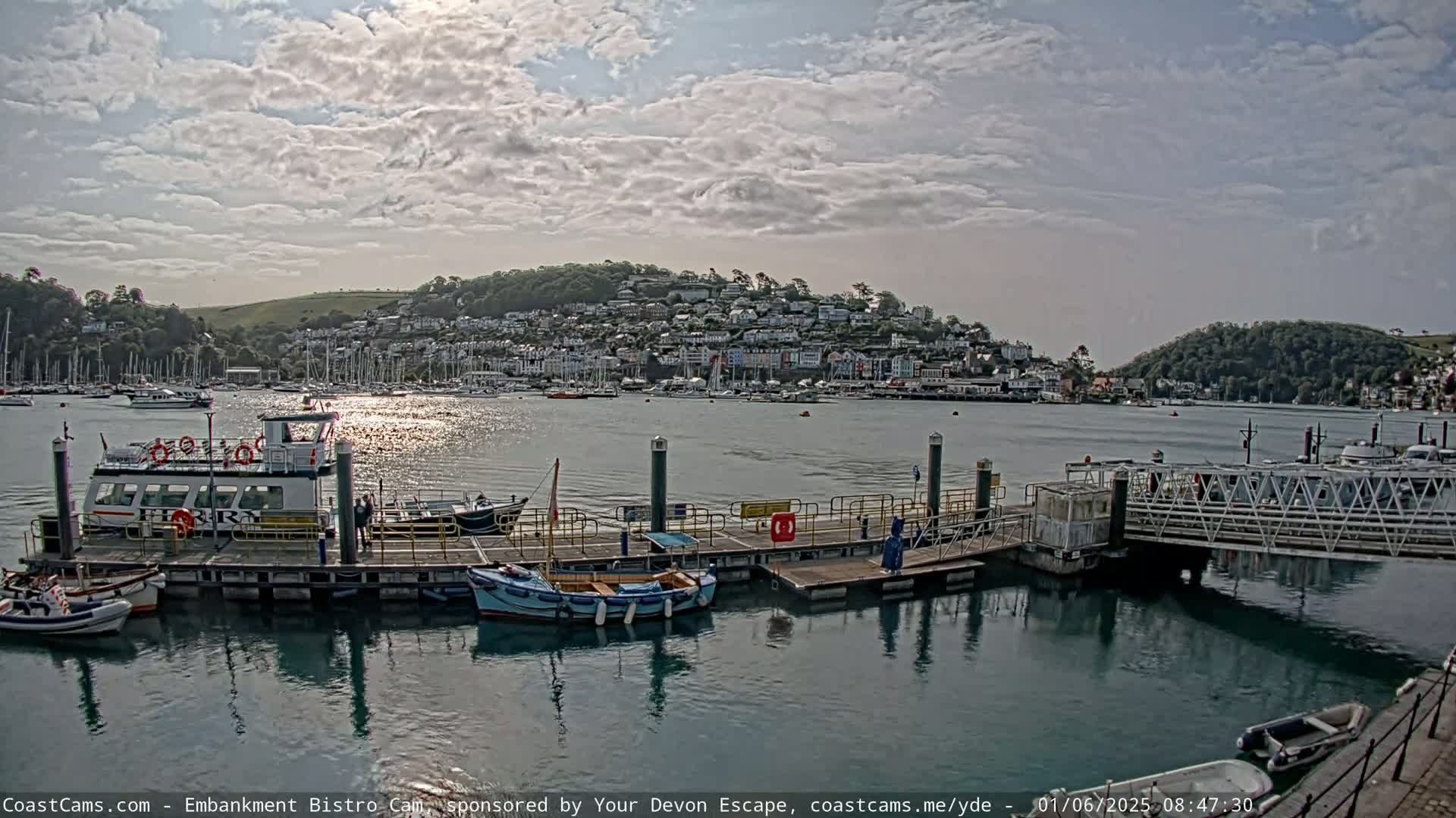 A harbor with numerous boats, a ferry docked at a pier, and a hillside town under a partly cloudy sky.