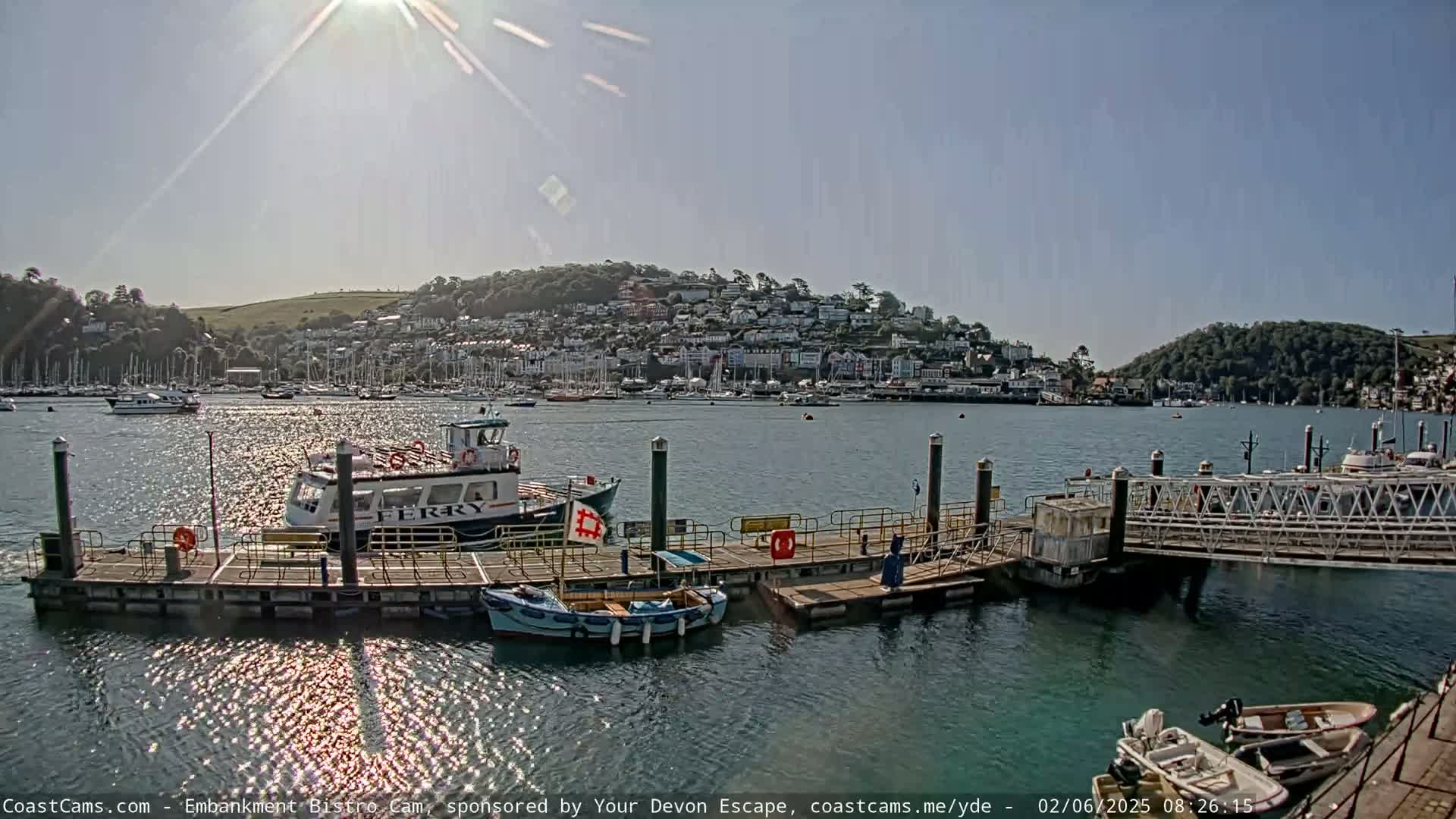 A ferry is docked at a pier in a harbor, with numerous boats in the water and a town nestled on a hill in the background under sunny conditions.