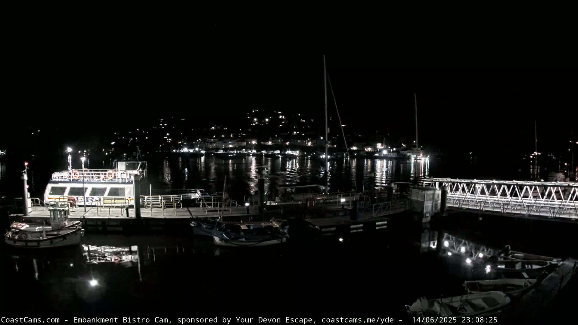 A ferry is docked at a pier in a harbor, with numerous boats in the water and a town nestled on a hill in the background under sunny conditions.
