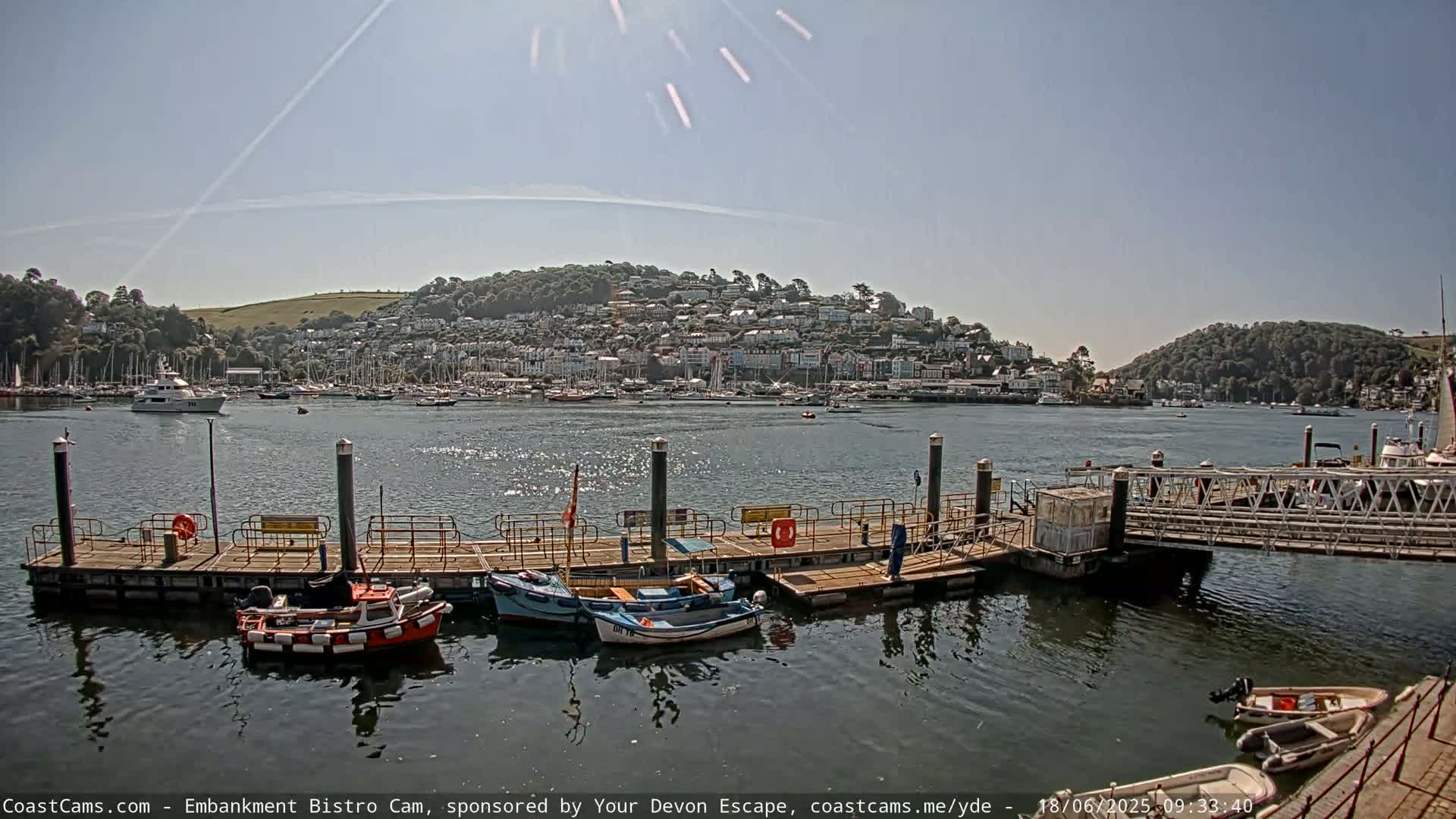 A sunny day shows a harbor with numerous boats docked at a pier in front of a hillside town.