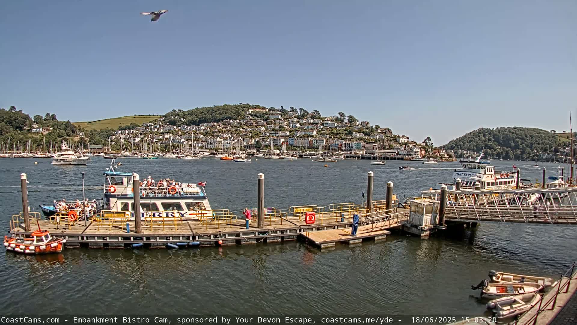 Two ferries are docked at a pier on a sunny day, with a hillside town and many boats visible in the background.