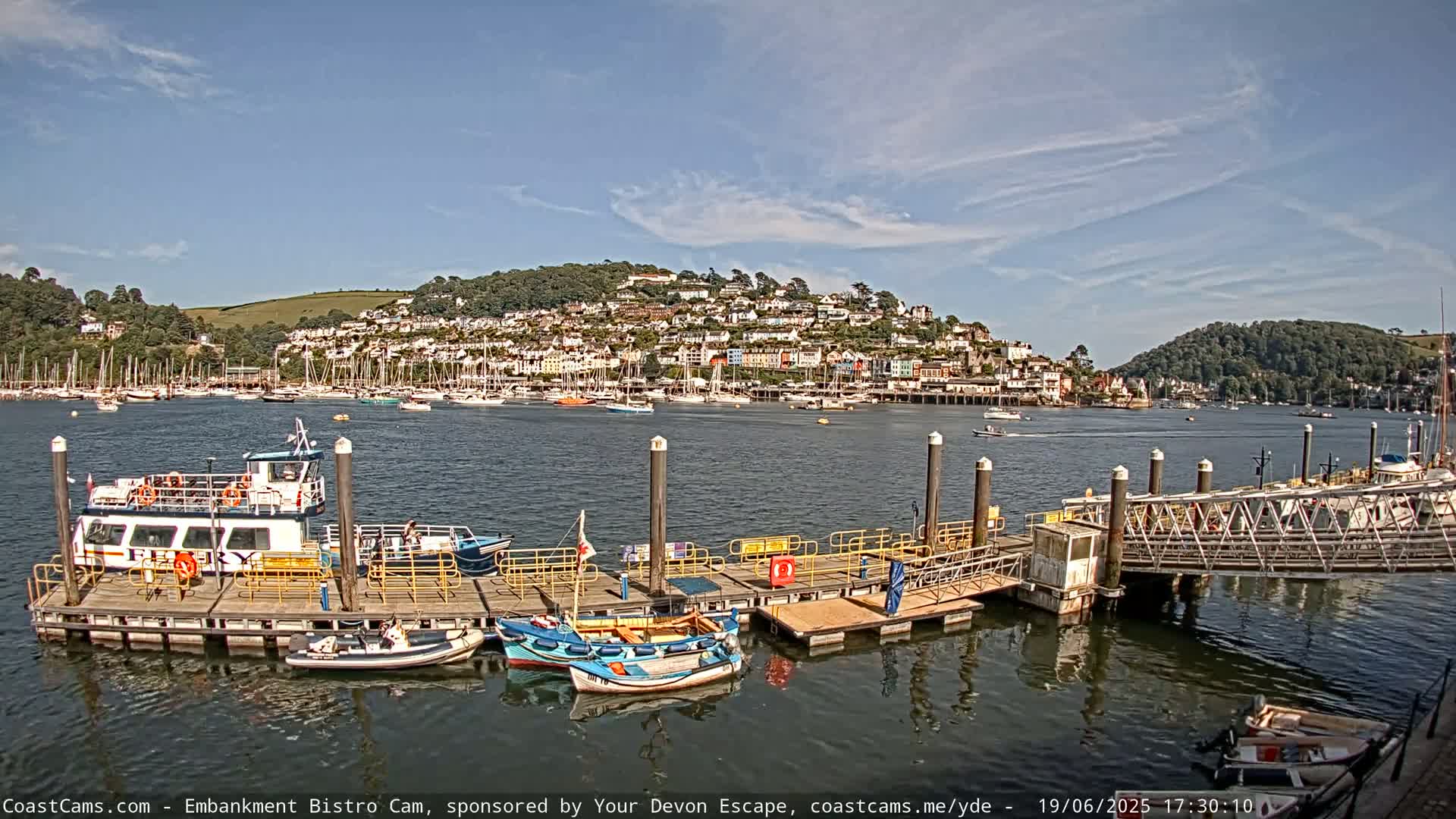 A ferry is docked at a pier in a harbor, with numerous boats in the water and a hillside town in the background under a sunny sky.