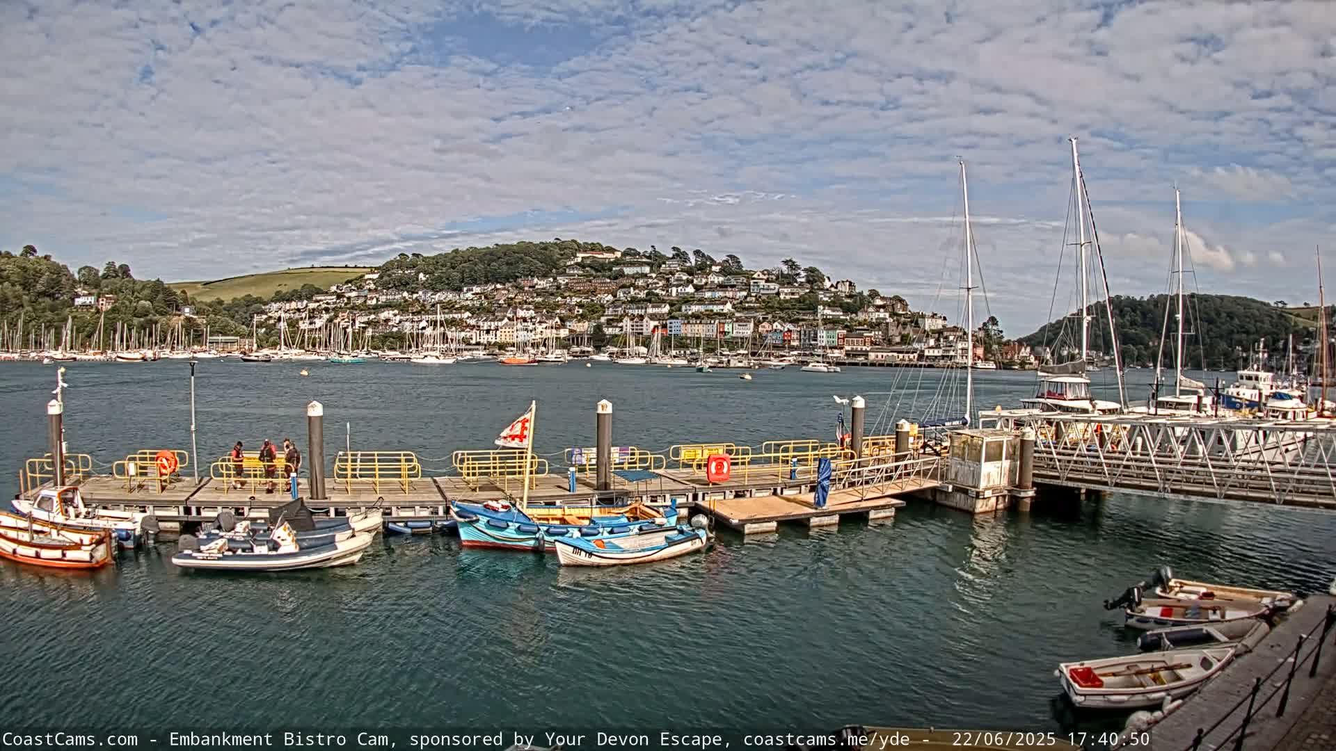 A harbor with many boats docked at a pier, under a partly cloudy sky, is nestled next to a hillside town.