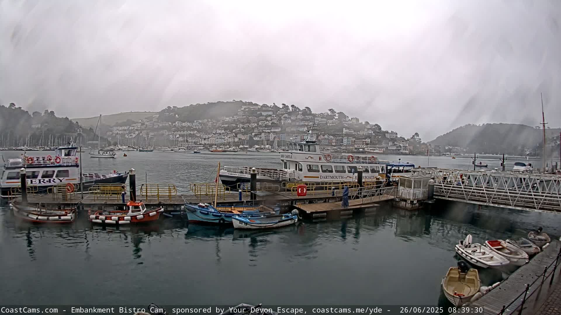 A ferry and several smaller boats are docked at a pier on a rainy day, with a town on a hillside in the background.
