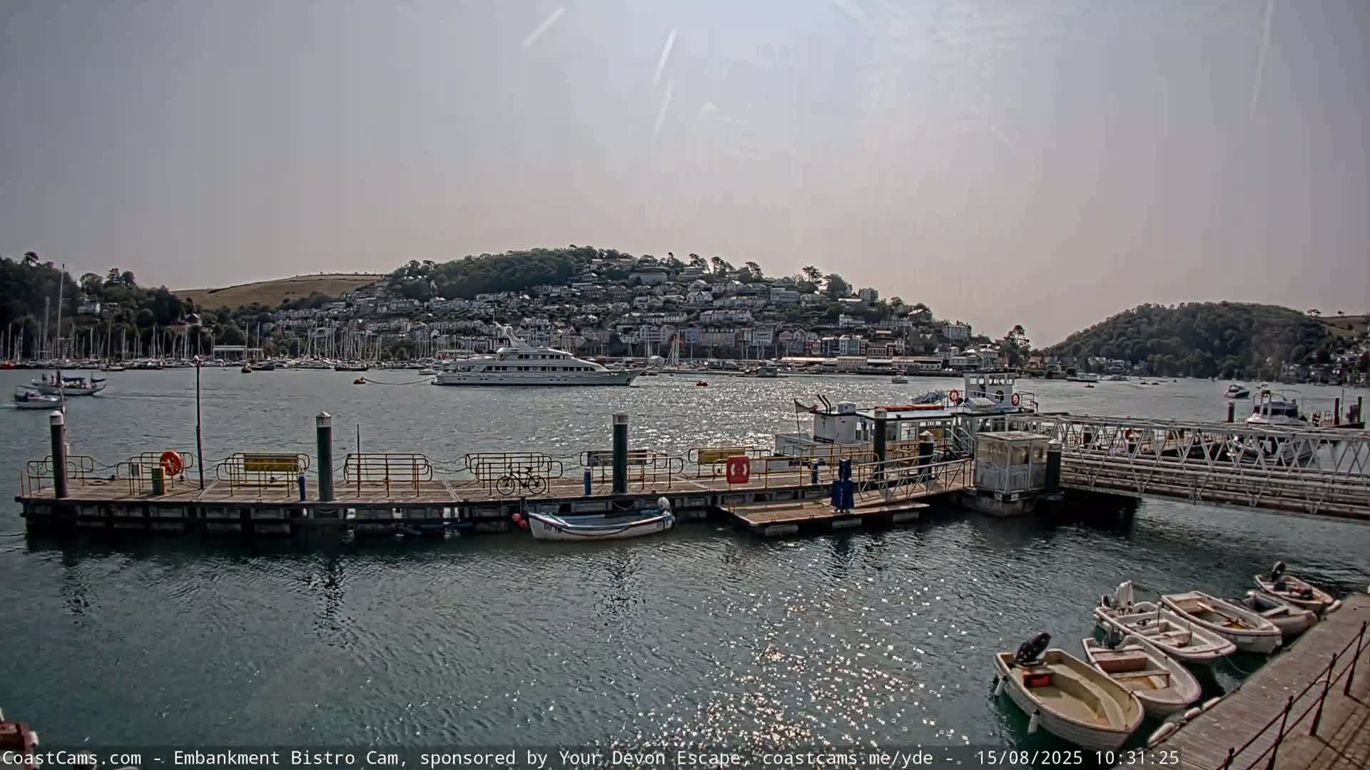 A harbor filled with boats on a cloudy day, with a hillside town in the background.