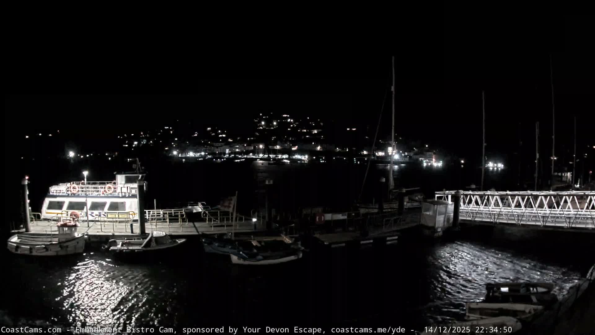 A harbor or river scene is depicted on a partly cloudy and sunny day, with a pier in the foreground featuring moored small boats and people walking, while numerous sailboats fill the water leading to a town nestled on a distant hillside under bright sunlight.