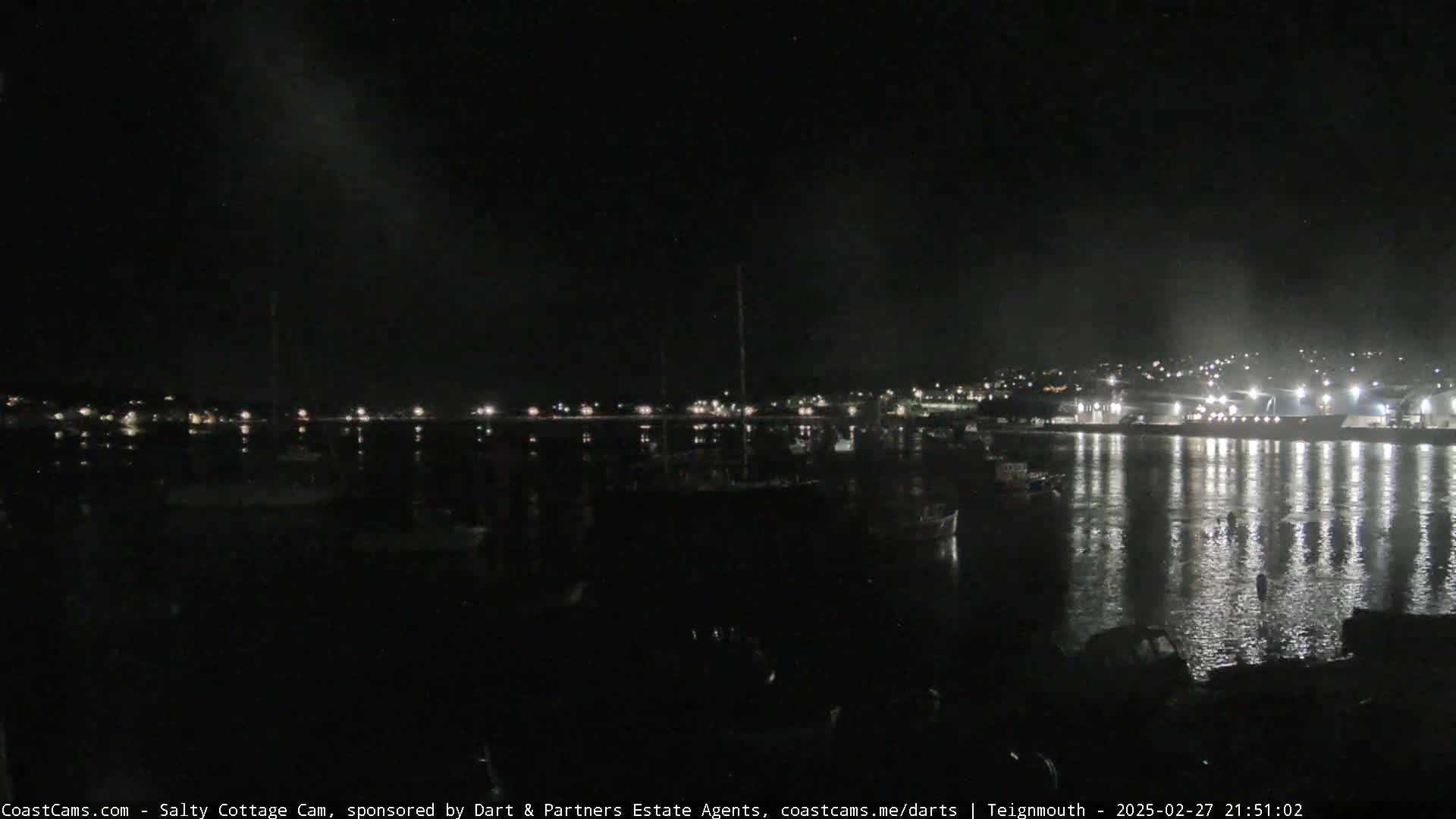 A nighttime view of a harbor with numerous boats and a town's lights reflected on calm water.