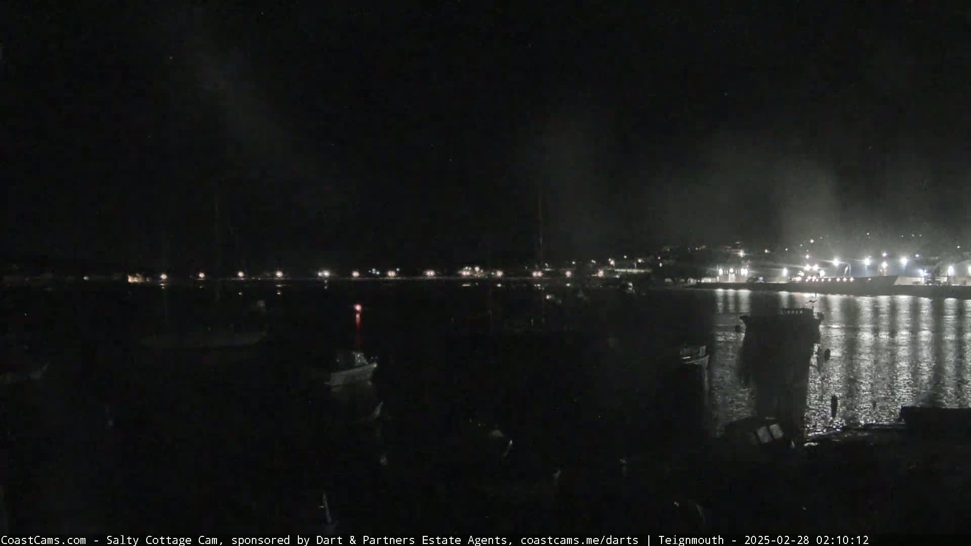 A nighttime view of a harbor with boats moored, and lights illuminating the distant shoreline under a dark sky.