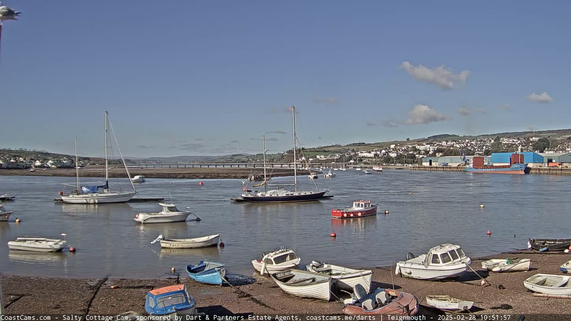 A calm harbor with numerous small boats and sailboats, under a partly cloudy blue sky, is nestled along a shoreline with a town visible in the distance.