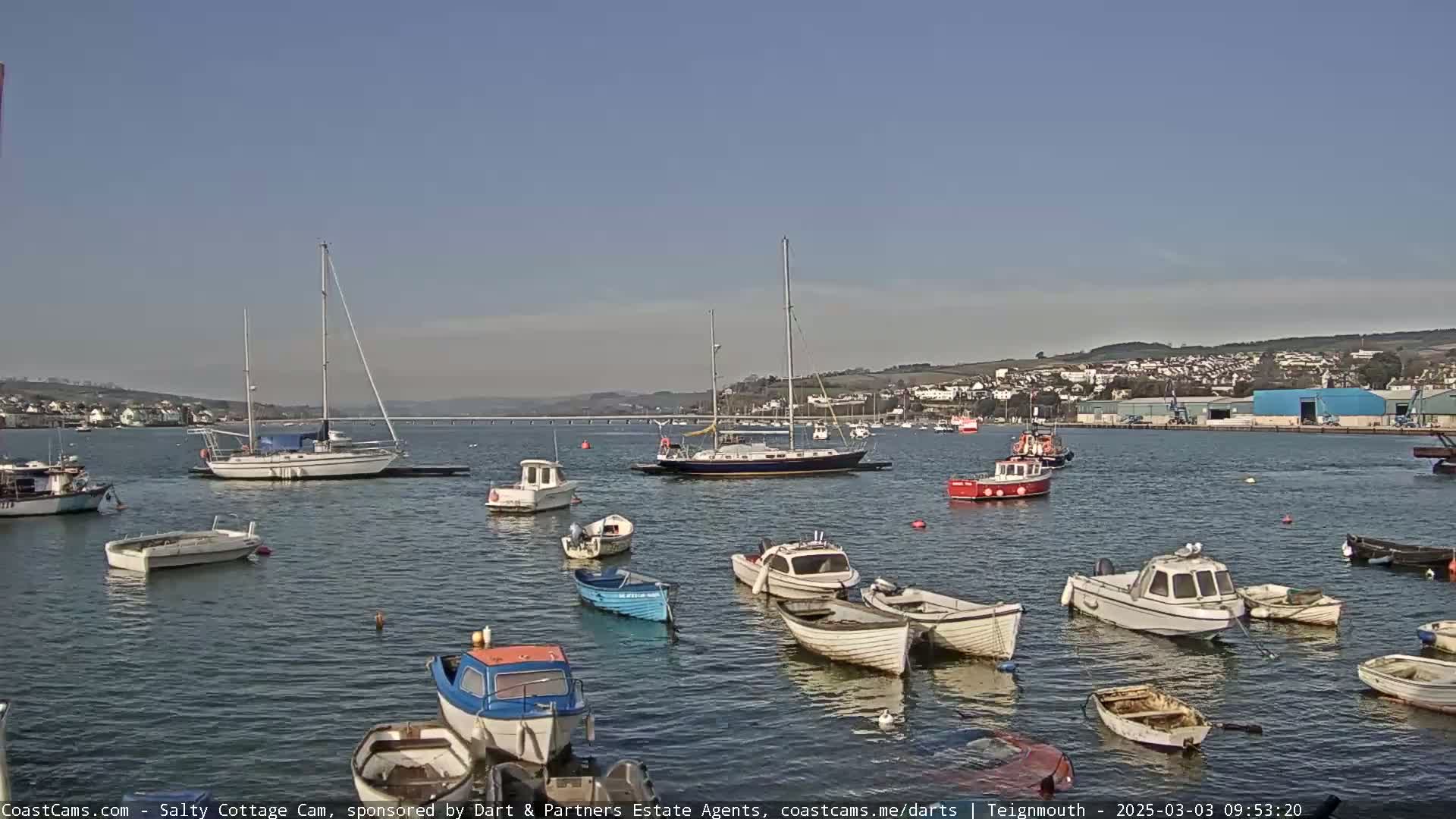 Numerous small boats and sailboats are moored in a calm harbor under a clear blue sky.