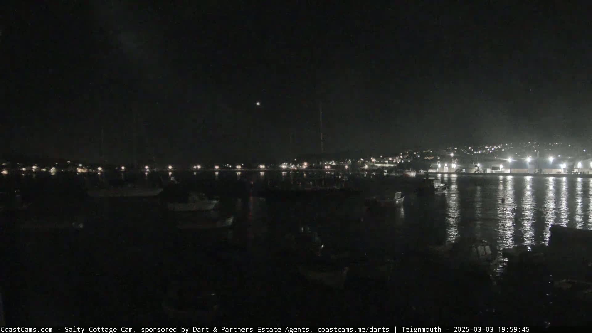 A nighttime view of a harbor filled with boats, illuminated by scattered lights from the boats and a town in the background under a clear, dark sky.