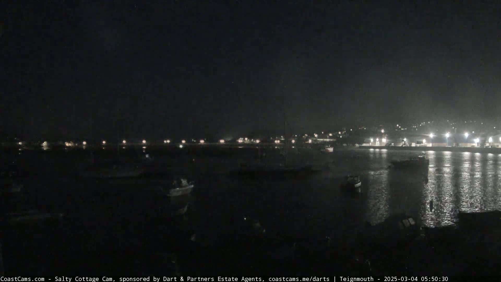 A dark, nighttime harbor scene shows several boats moored in calm water, with a faintly visible shoreline of lights in the background.