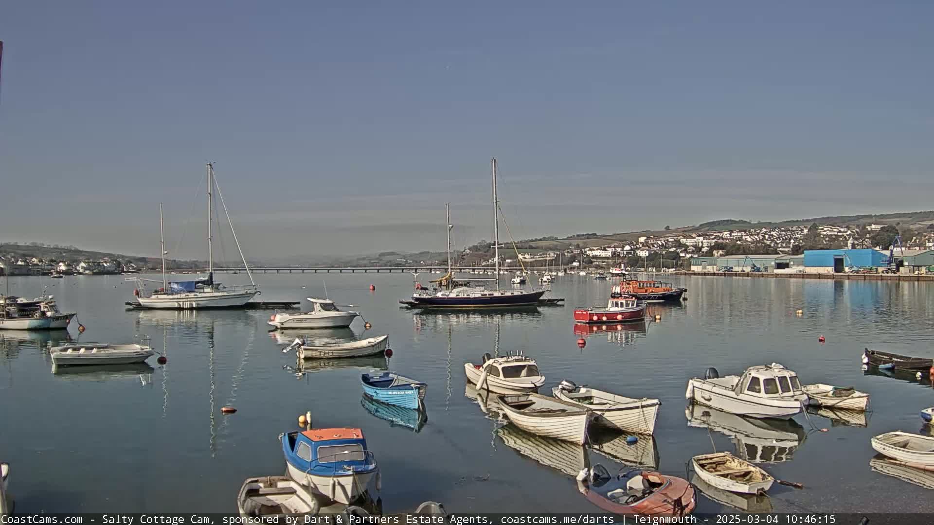 A calm harbor with numerous sailboats and motorboats docked under a clear, sunny sky.