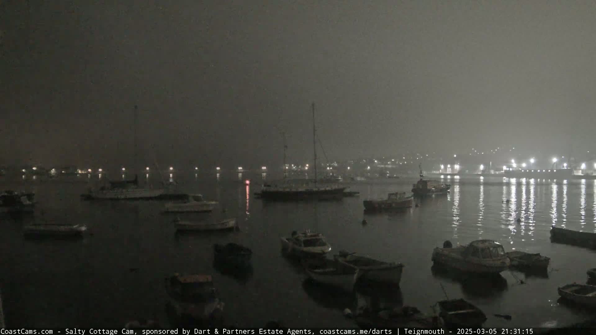 A foggy night scene shows a harbor filled with numerous small boats and sailboats, with lights visible on the far shore.
