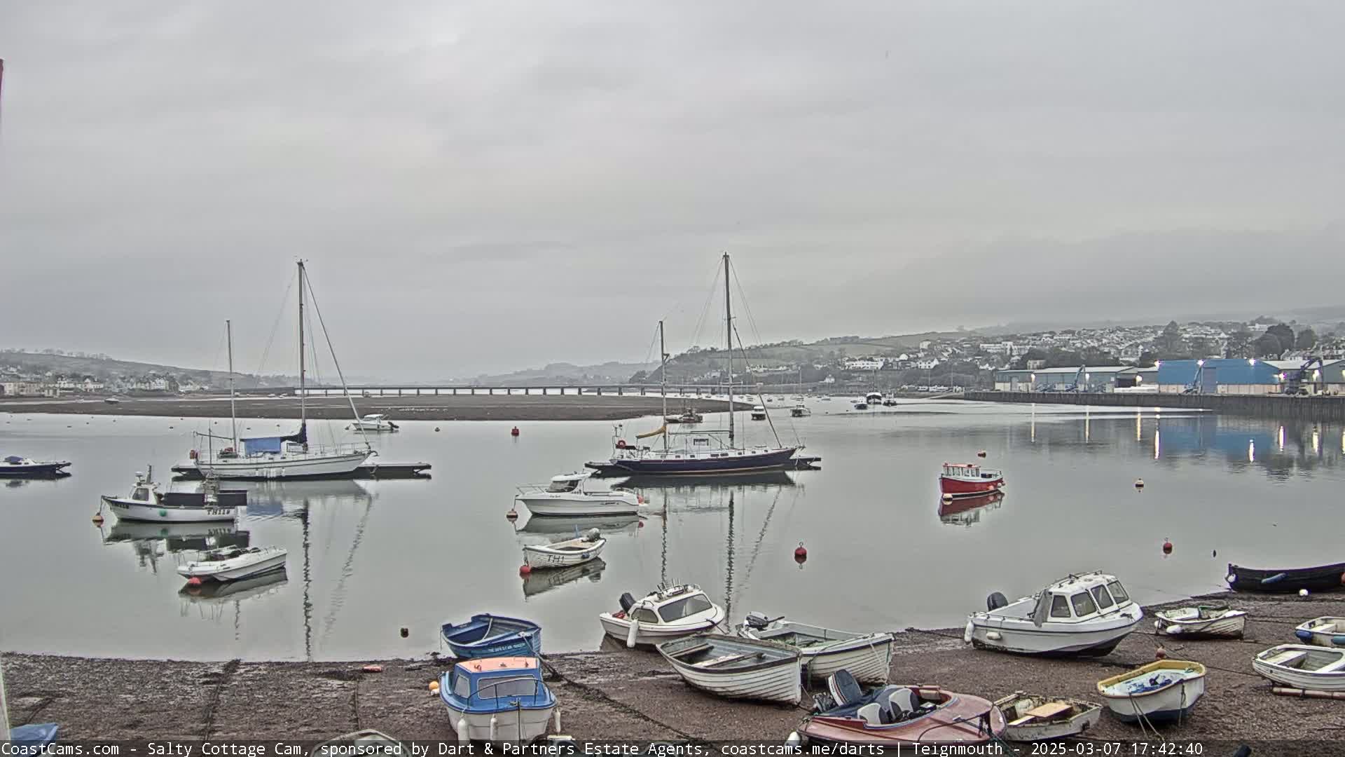 Numerous boats are moored in a calm, overcast harbor, with a bridge visible in the distance.