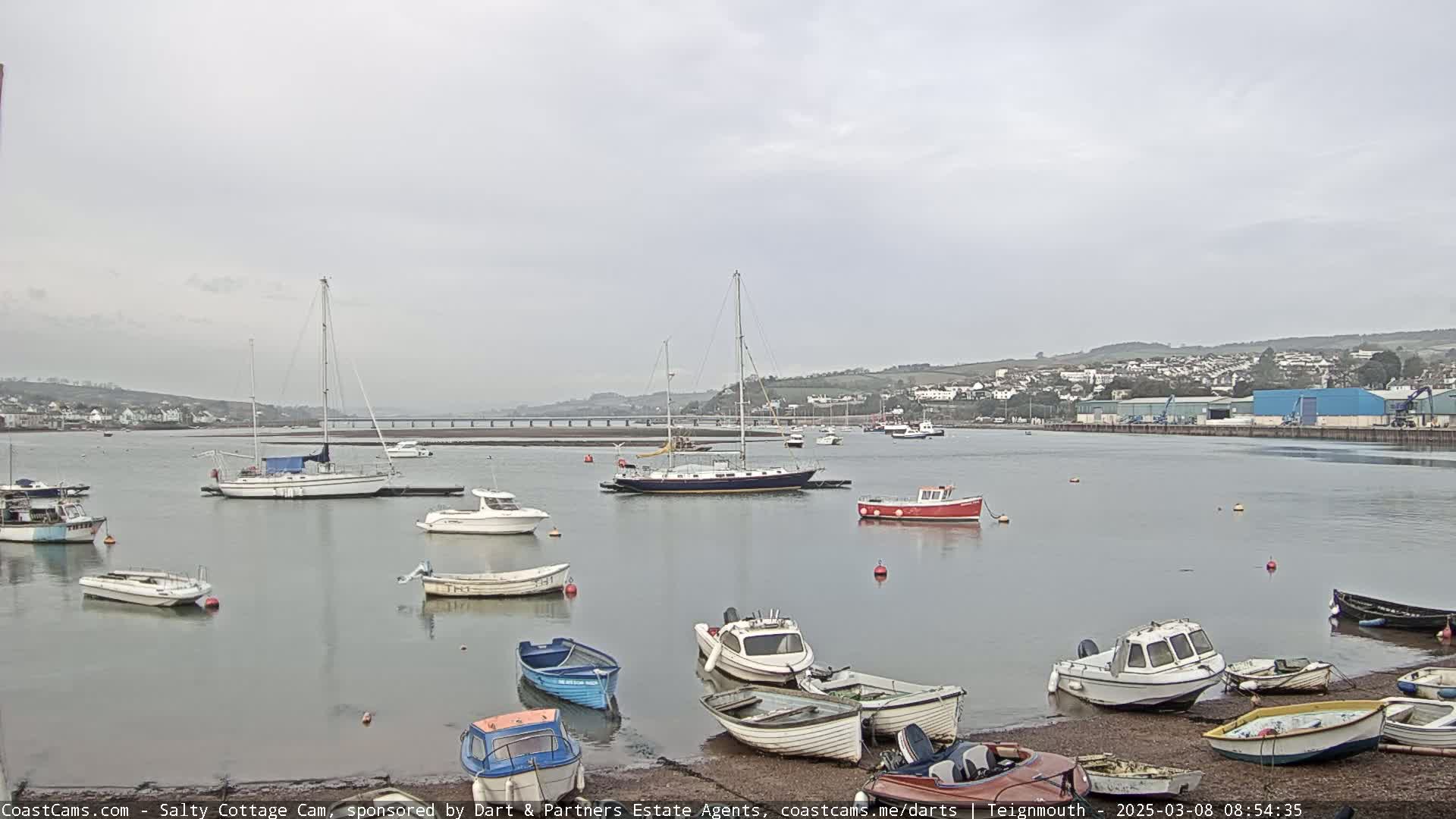 Several sailboats and motorboats are moored in a calm harbor under an overcast sky, with a town and bridge visible in the background.