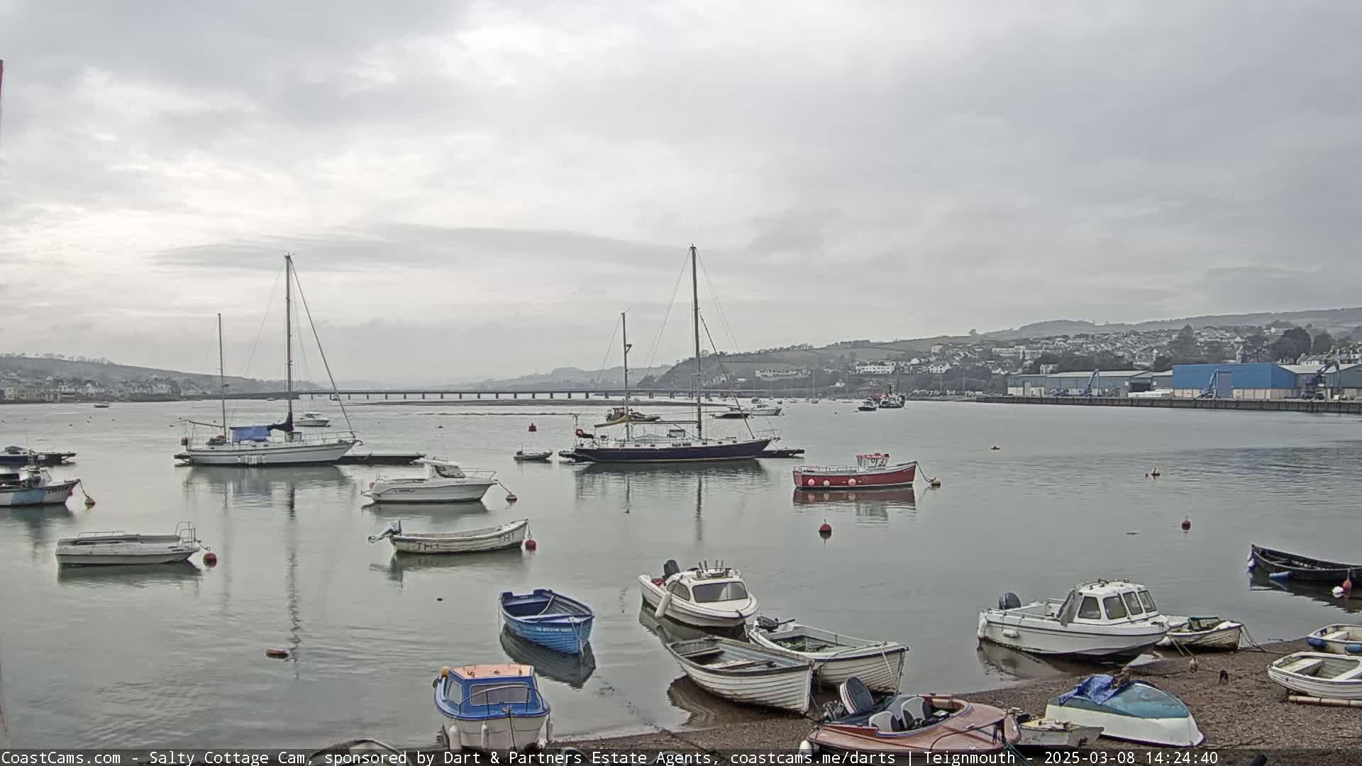A calm harbor filled with numerous small boats and sailboats under an overcast sky.